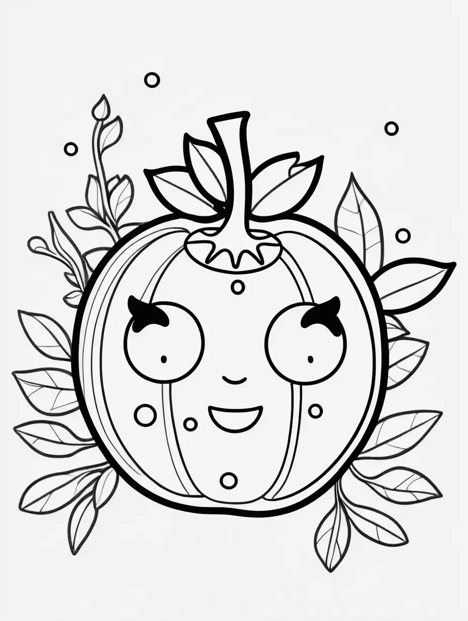 Adorable Pomegranate Cartoon Drawing Clean Black and White Coloring Book Illustration with Emojis on White Background