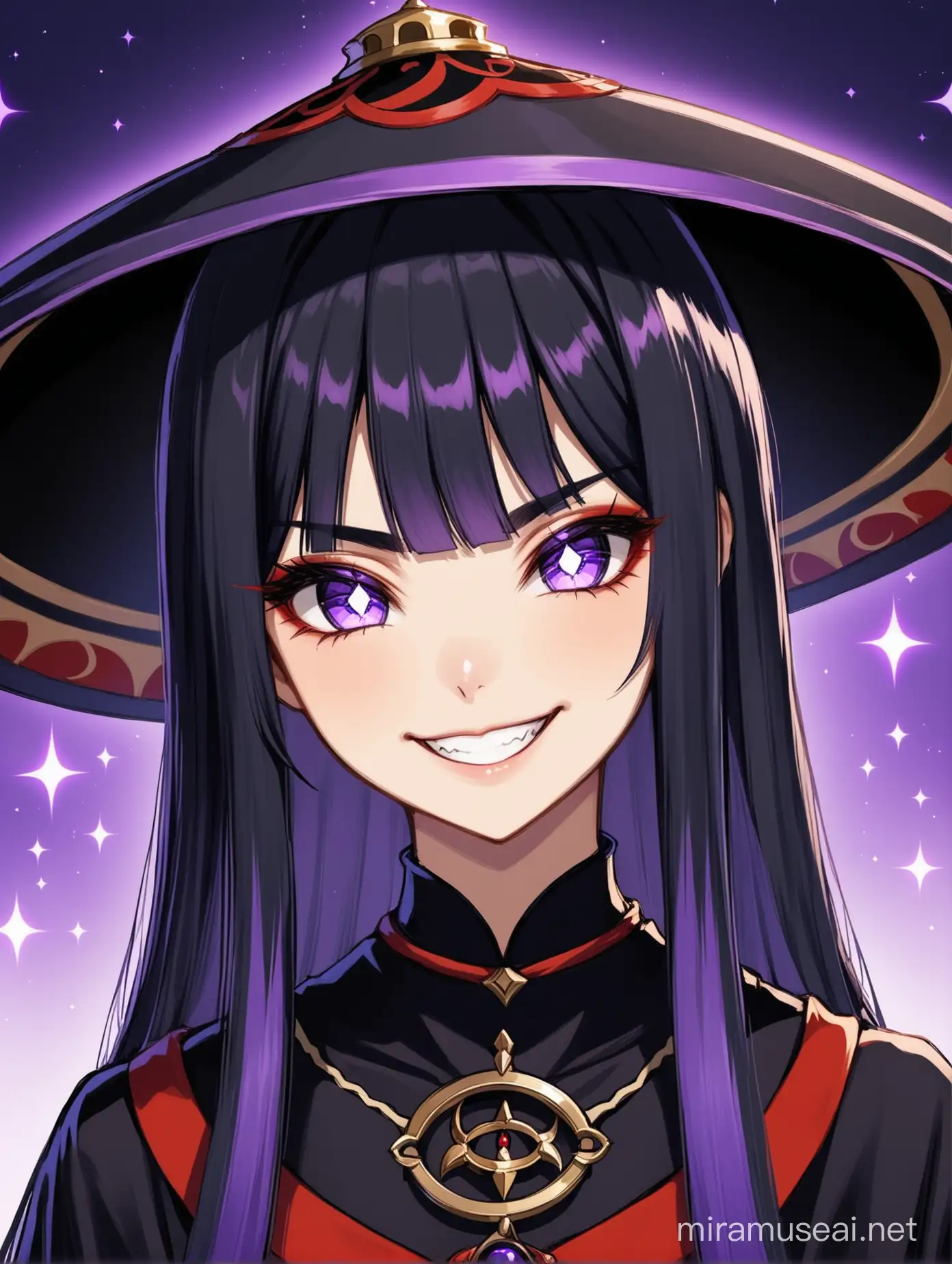 A 19 year old woman with straight charcoal purple long hair and bangs, her eye color matching her hair color. She has red eyeliner on, and she is evily smirking. She wears the same thing as Scaramouche from Genshin Impact. She has the Kasa hat of Scaramouche from genshin impact. She is evil