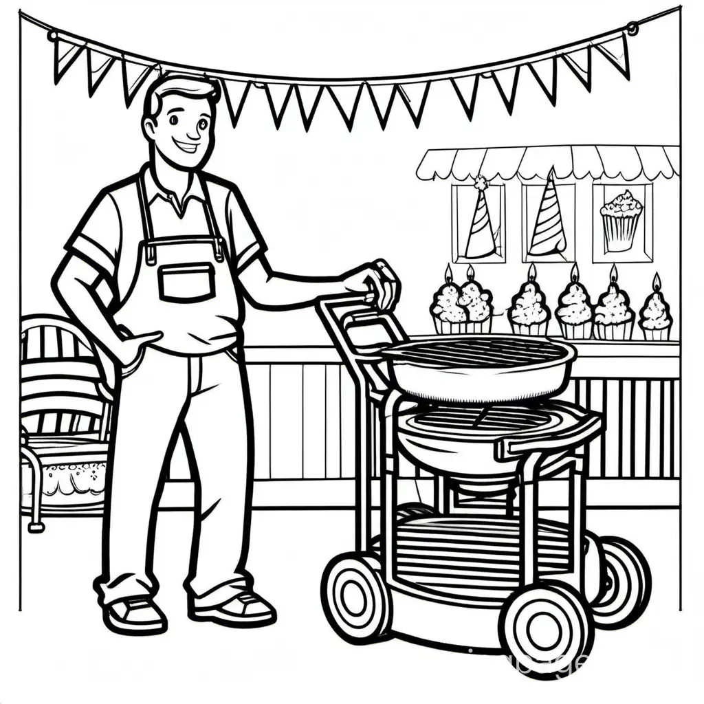 A guy standing next to a grill and mower and birthday cake with a birthday banner, Coloring Page, black and white, line art, white background, Simplicity, Ample White Space. The background of the coloring page is plain white to make it easy for young children to color within the lines. The outlines of all the subjects are easy to distinguish, making it simple for kids to color without too much difficulty