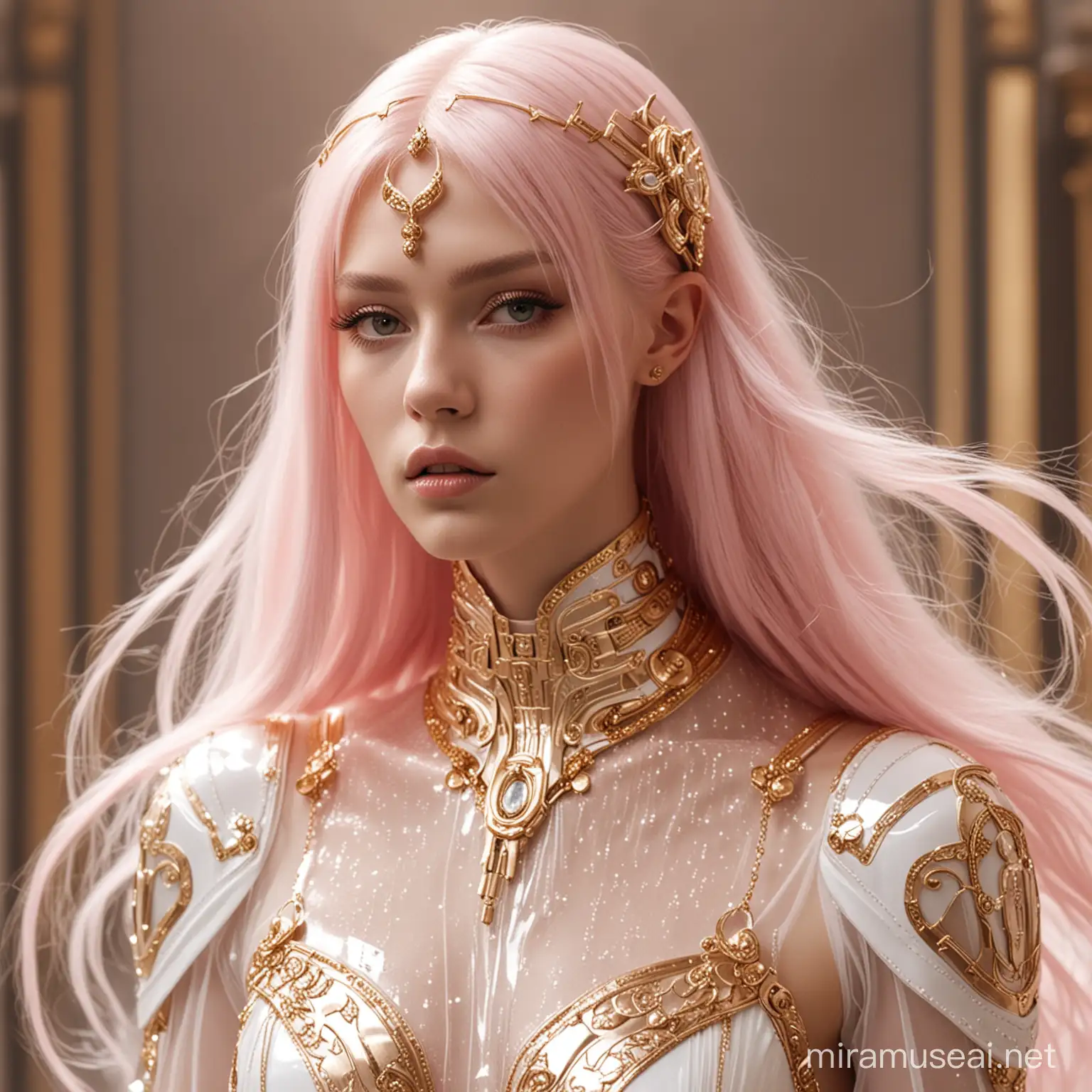 futuristic goddess, gorgeous, ornate epic, fantasy, in floaty futuristic white and gold semitransparent clothing, ethereal long light pink hair, edgy metal hair-clips, soft light, good design sense, in the style of Gucci, highly detailed, movie quality