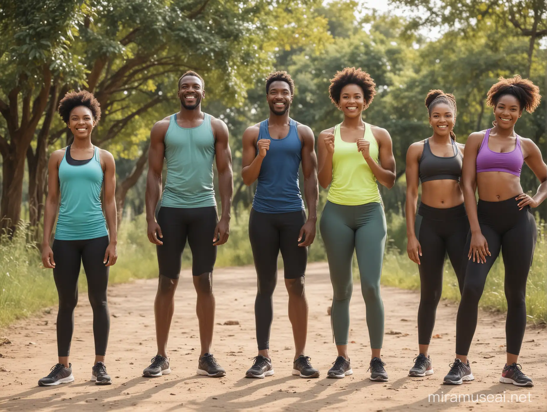 Groupe de personnes africaines, heureux de faire du fitness en plein air.