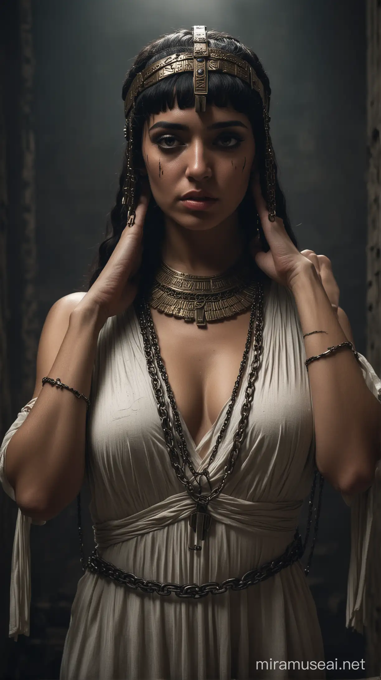 A (((Cleopatra))) in a (((moody setting))), locked with a chain around her head and hands, expressionlessly subdued amidst dim surroundings