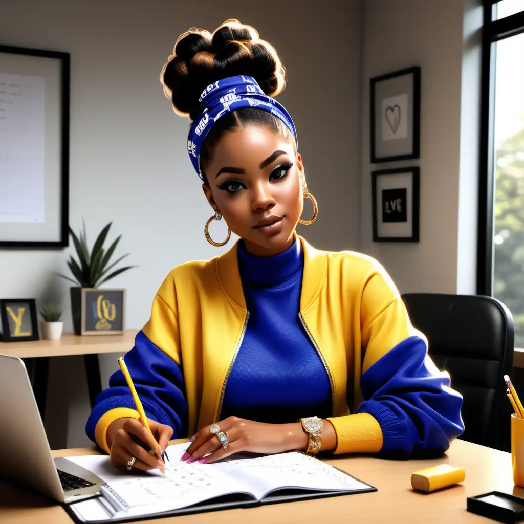 The image is a digital illustration of a young African American animated character sitting at a desk, working on a planner with a pen in hand. The character has a stylish high bun hairstyle adorned with a headband that reads "SOROR," Her large, expressive eyes are complemented with long eyelashes, and she wears hoop earrings along with multiple bracelets and rings, indicating a love for accessories. She is dressed in a matching yellow and royal blue tracksuit with the same pattern as on the headband, which hints at a designer outfit. The desk is cluttered with items indicative of a busy and creative life: stacks of books, a laptop displaying a motivational message "LOVE YOURSELF" with a diamond graphic, a smoothie drink, and makeup products. On the wall, there is a framed picture of a woman in a yellow and royal blue dress, suggesting inspiration or aspiration. The color palette of the image is predominantly royal blue and yellow, creating a vibrant and feminine atmosphere.