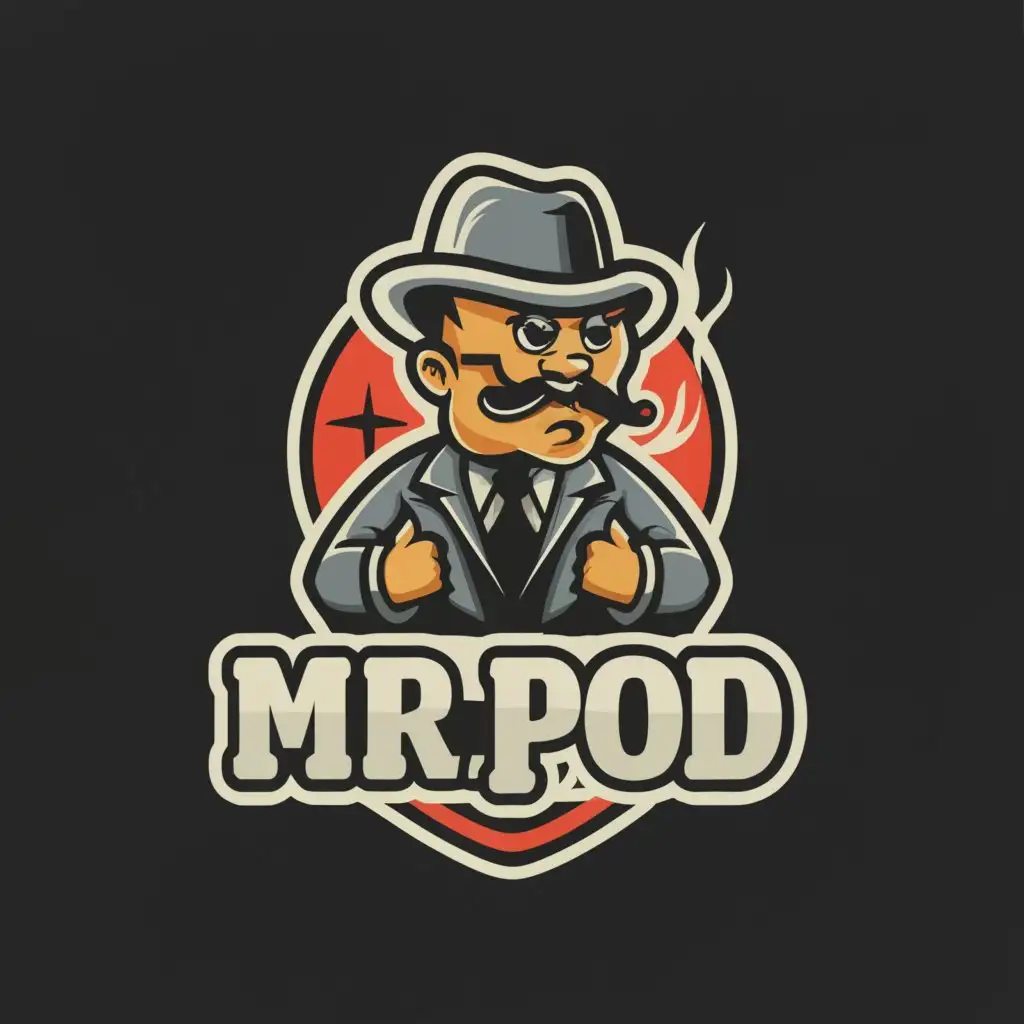 a logo design,with the text "Mr.pod", main symbol:A cute mafia boss in the middle of the logo smoking a diposal e-cigarette with a lot of smoke,Moderate,clear background