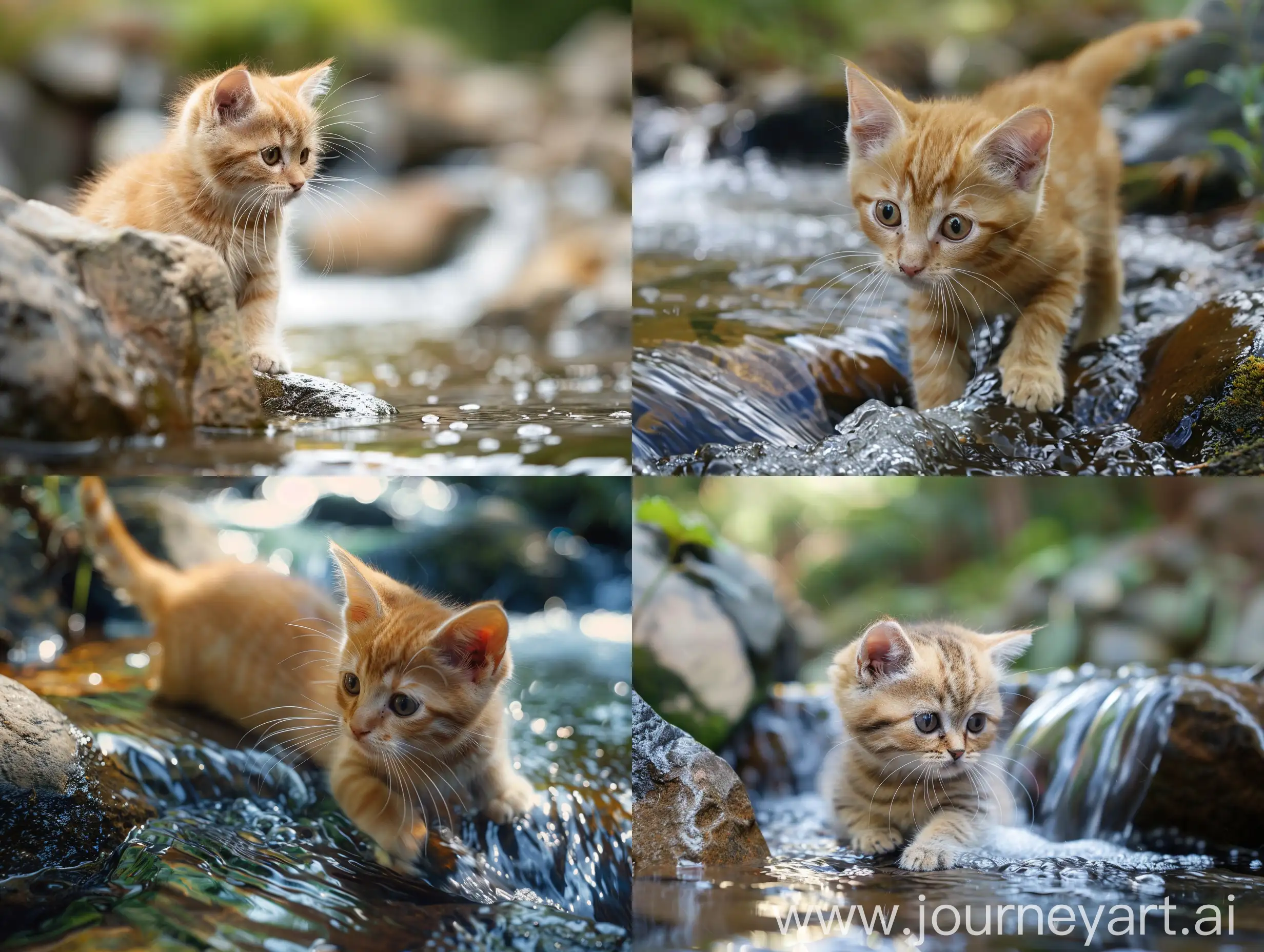 Stream, Water Flow, Beautiful Scene, a little cute golden shorthair cat