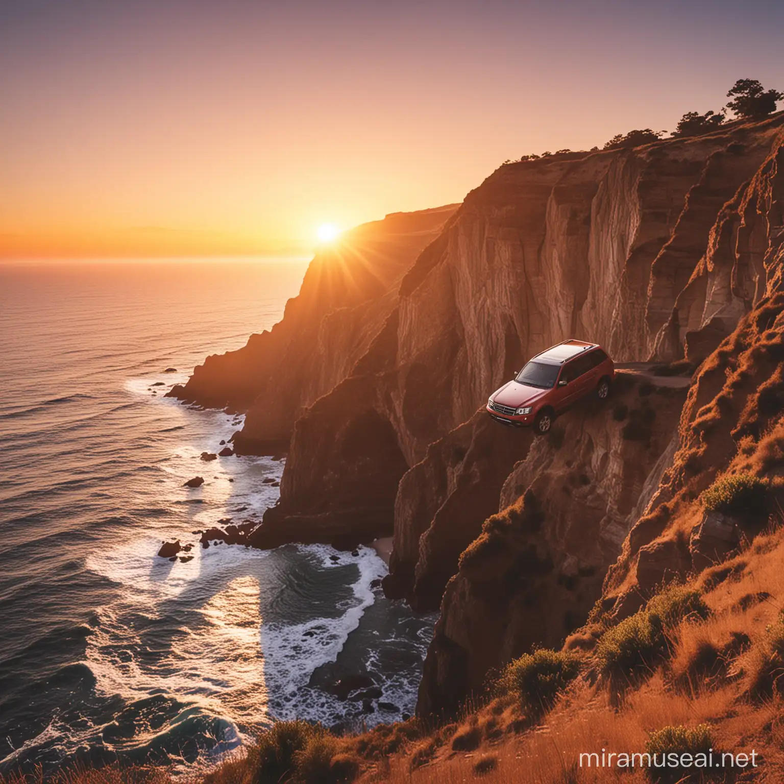 car driving off cliff with sunset background
