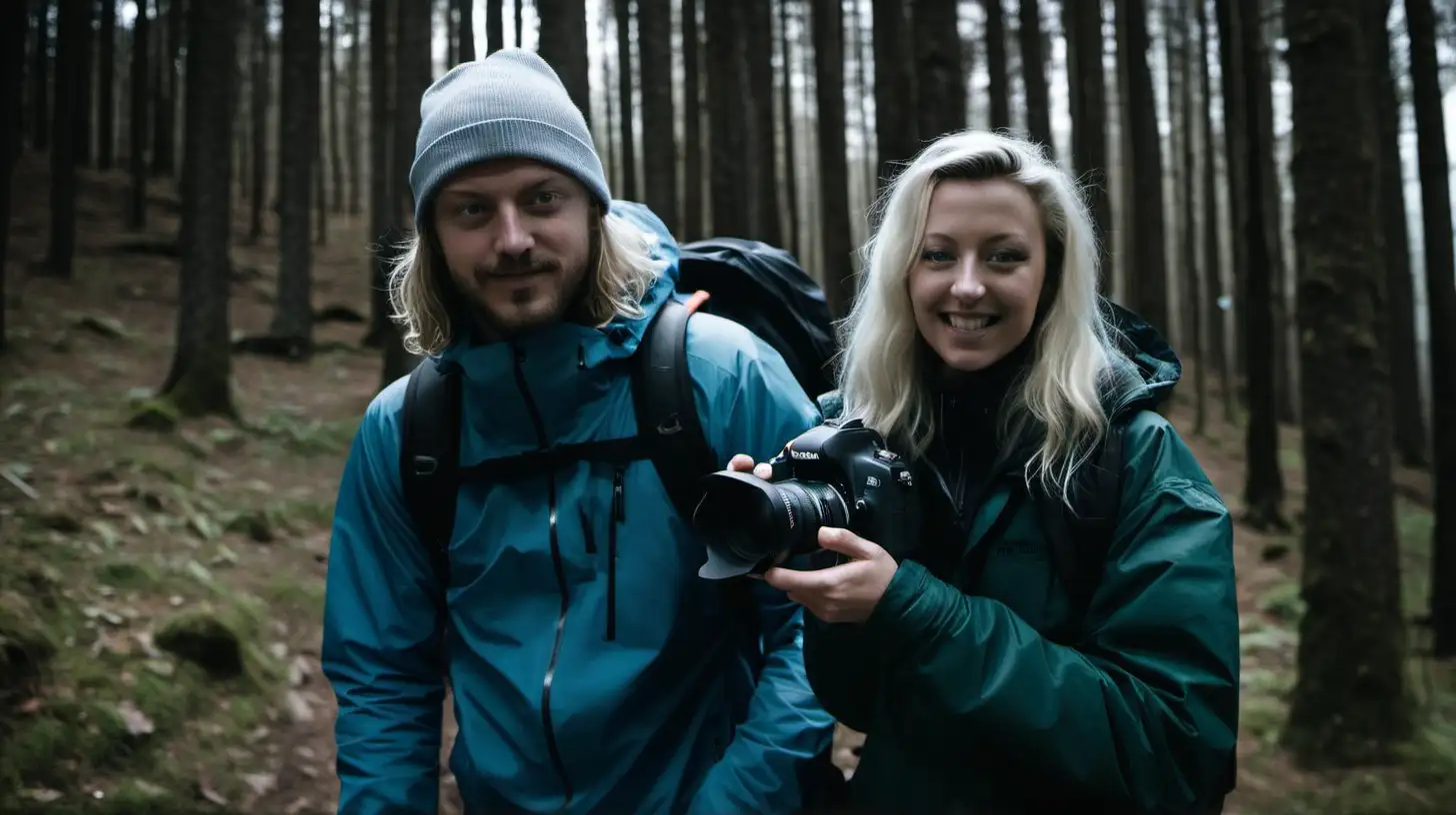 Aaron Dormer and Laura hettich in the mountain s black forest

Laura is an influencer that shoots on analog cameras and is short with a big bum. 
Aaron is a filmaker with long hair and surfger look