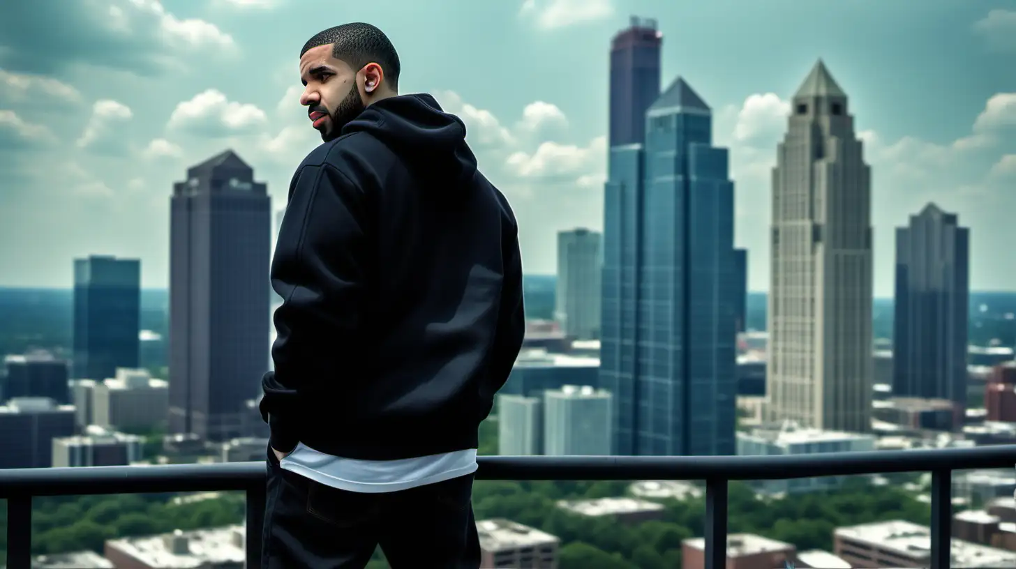 Make a picture.Drake.Standing with his back turned. On a high rise roof. in Atlanta. 10k Hd image quality.