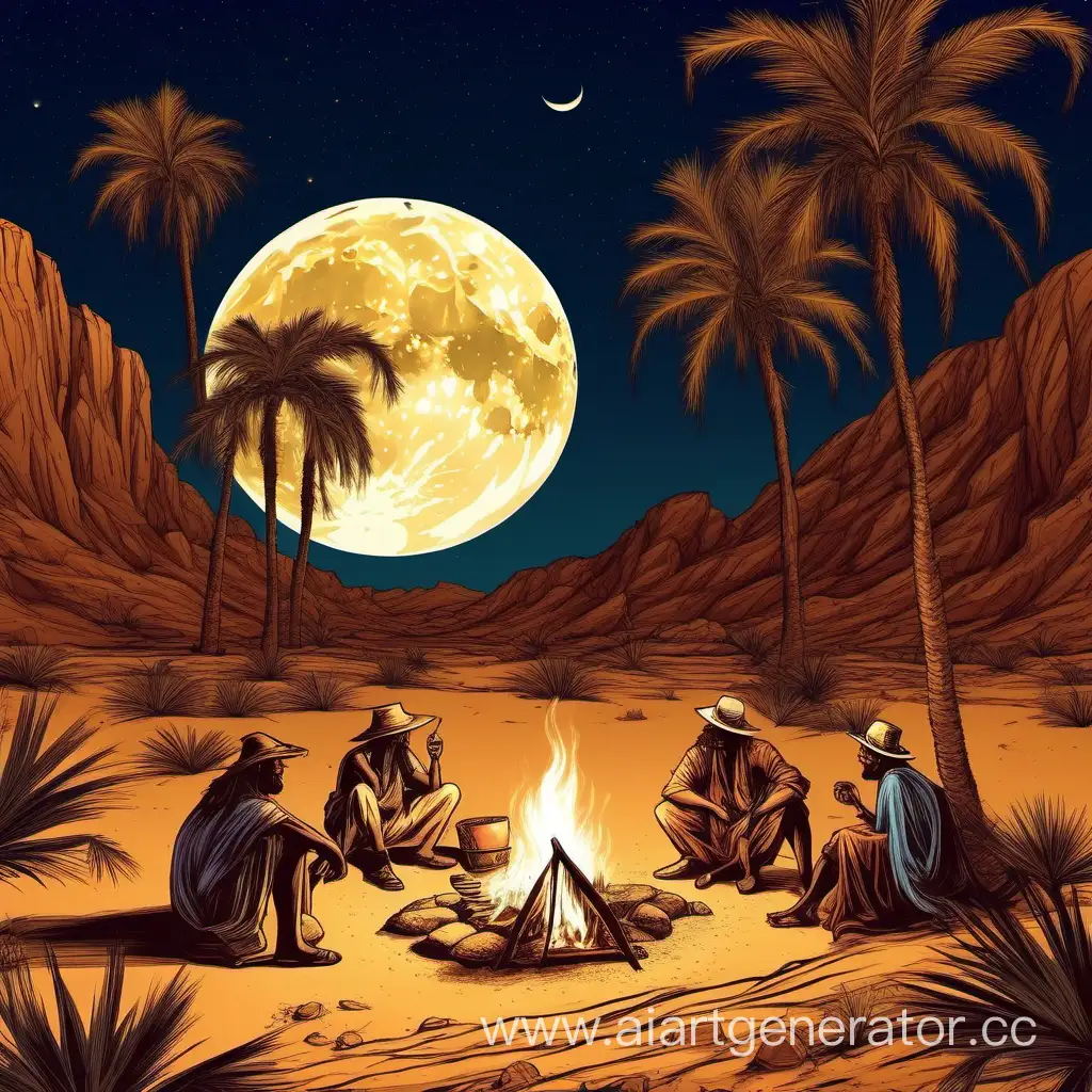 Fantasy-Desert-Travelers-Gathered-around-Oasis-Campfire-under-Moonlight