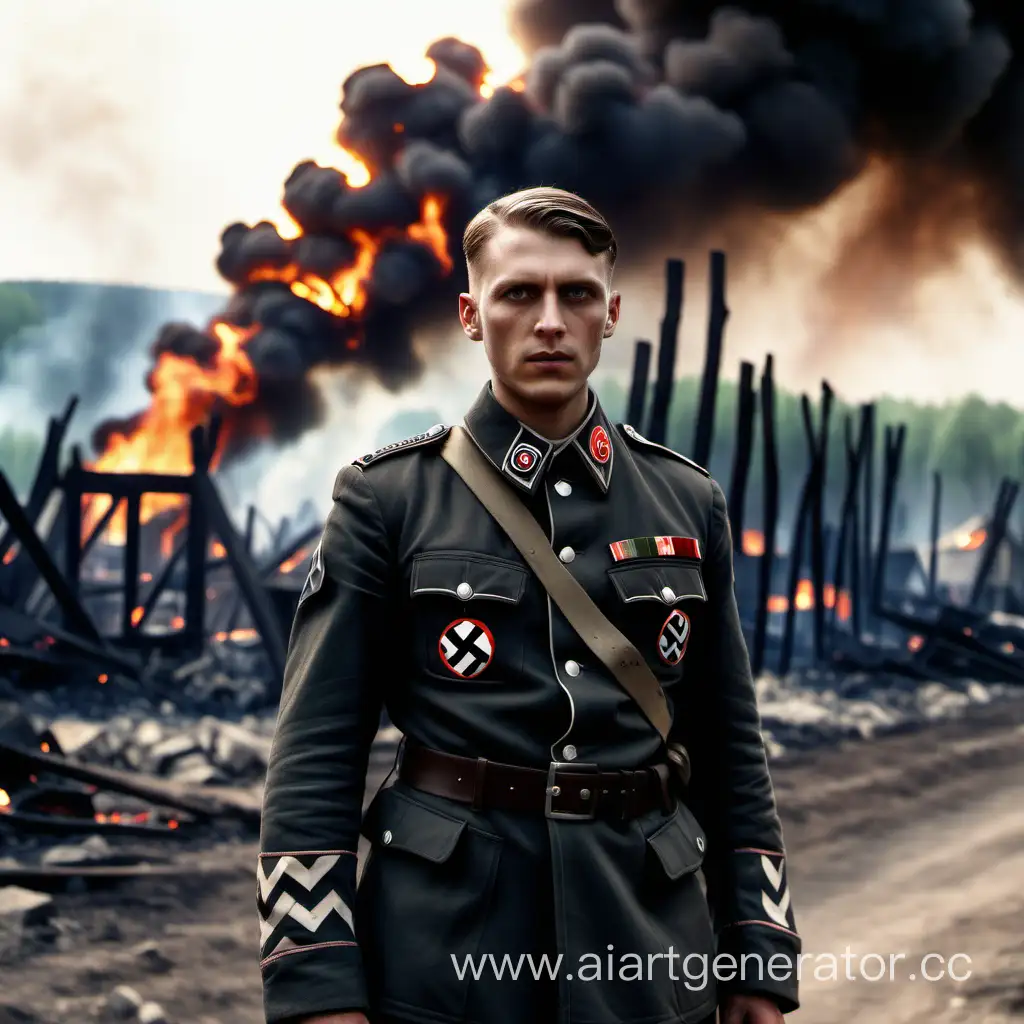 Максим в нацисткой форме  стоит на фоне горящей деревни