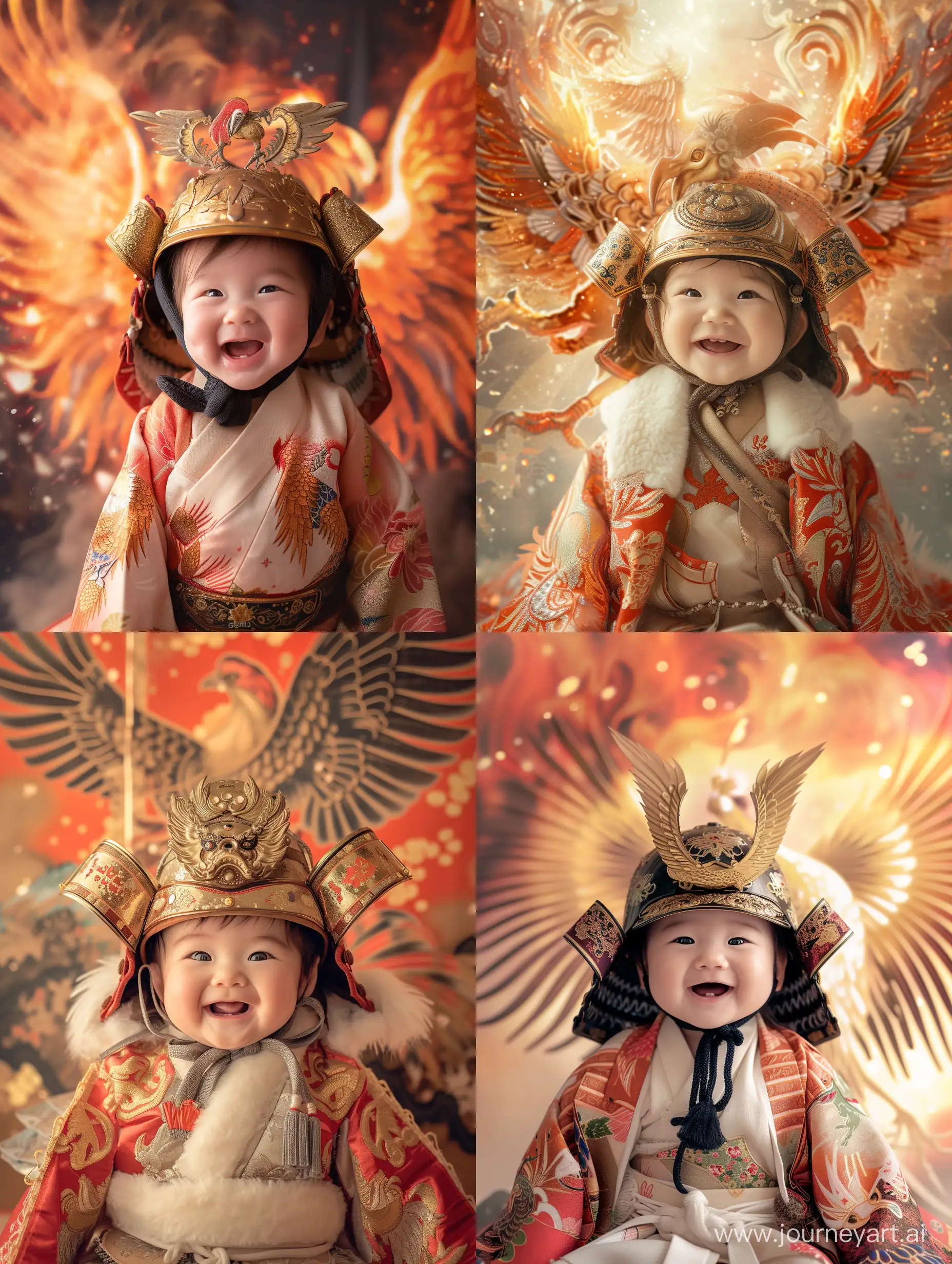 A beautiful one-year-old baby girl wearing a traditional phoenix robe and a winter general outfit. She is also wearing a helmet adorned with a phoenix and has a joyful smile on her face. The background showcases a virtual phoenix image, creating a stunning and enchanting atmosphere. 8K HDR best quality.