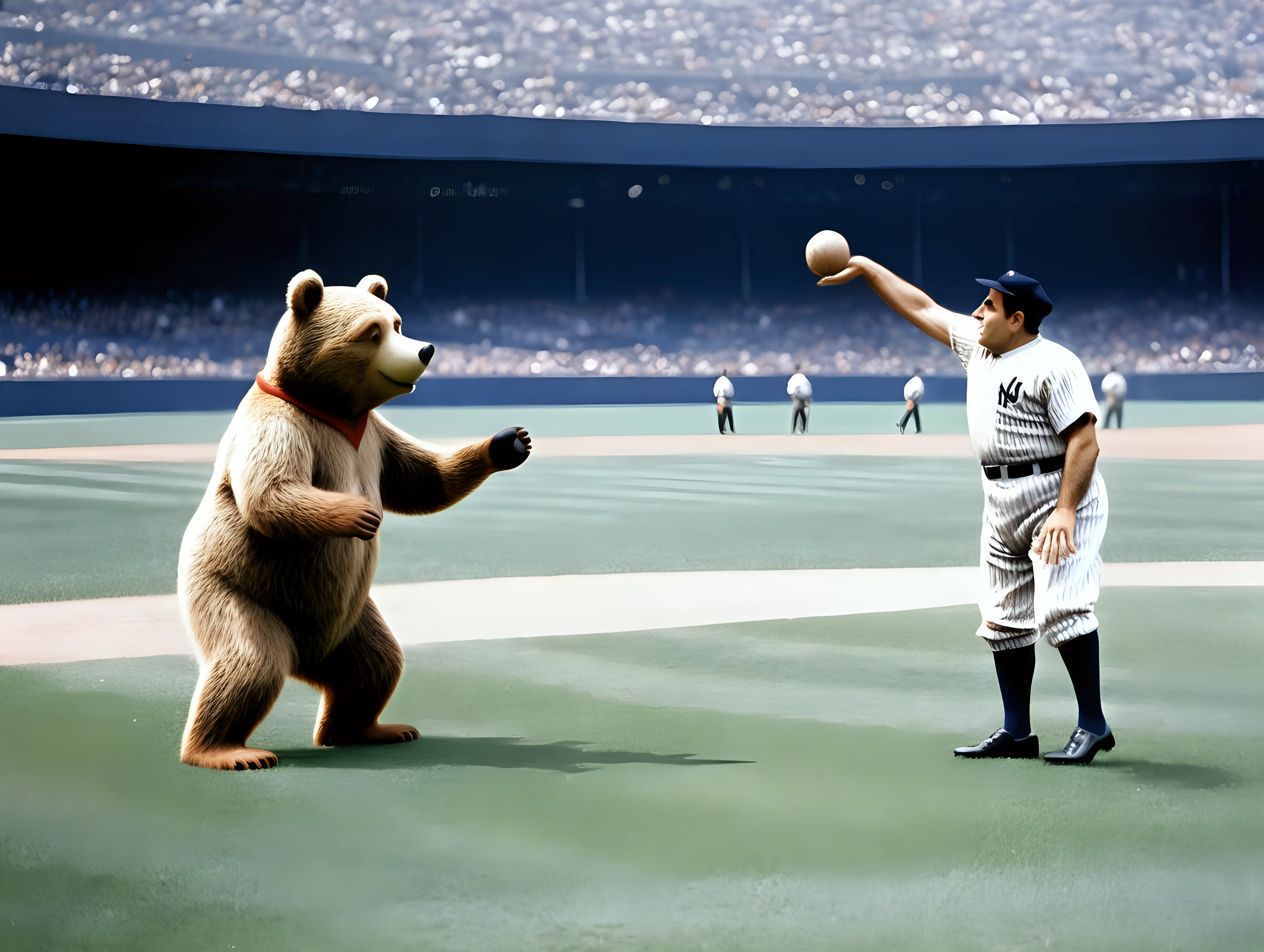 Yogi Berra and Yogi the Bear Playing Catch in Yankee Stadium 1951
