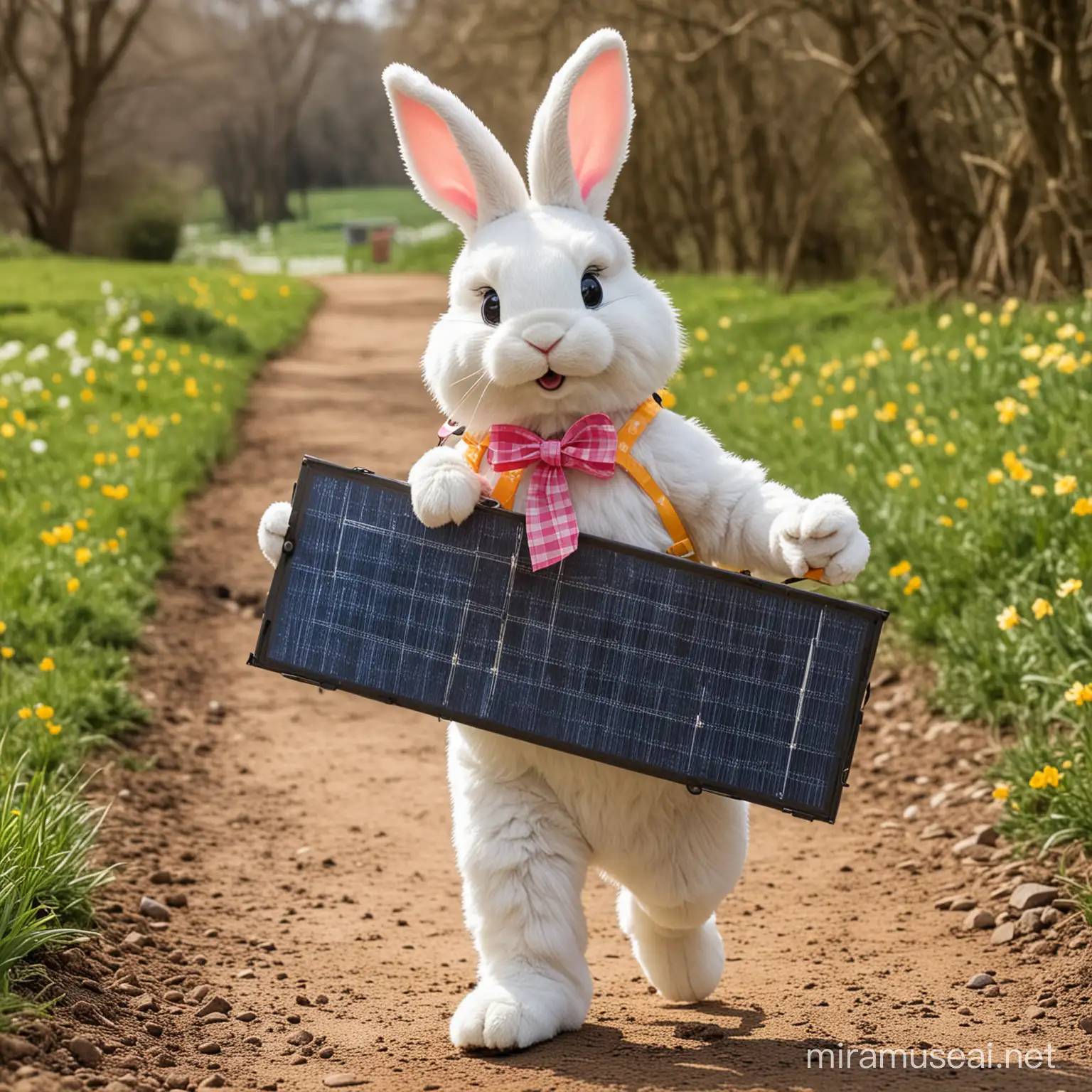 an Easter bunny carrying a solar panel on both hands