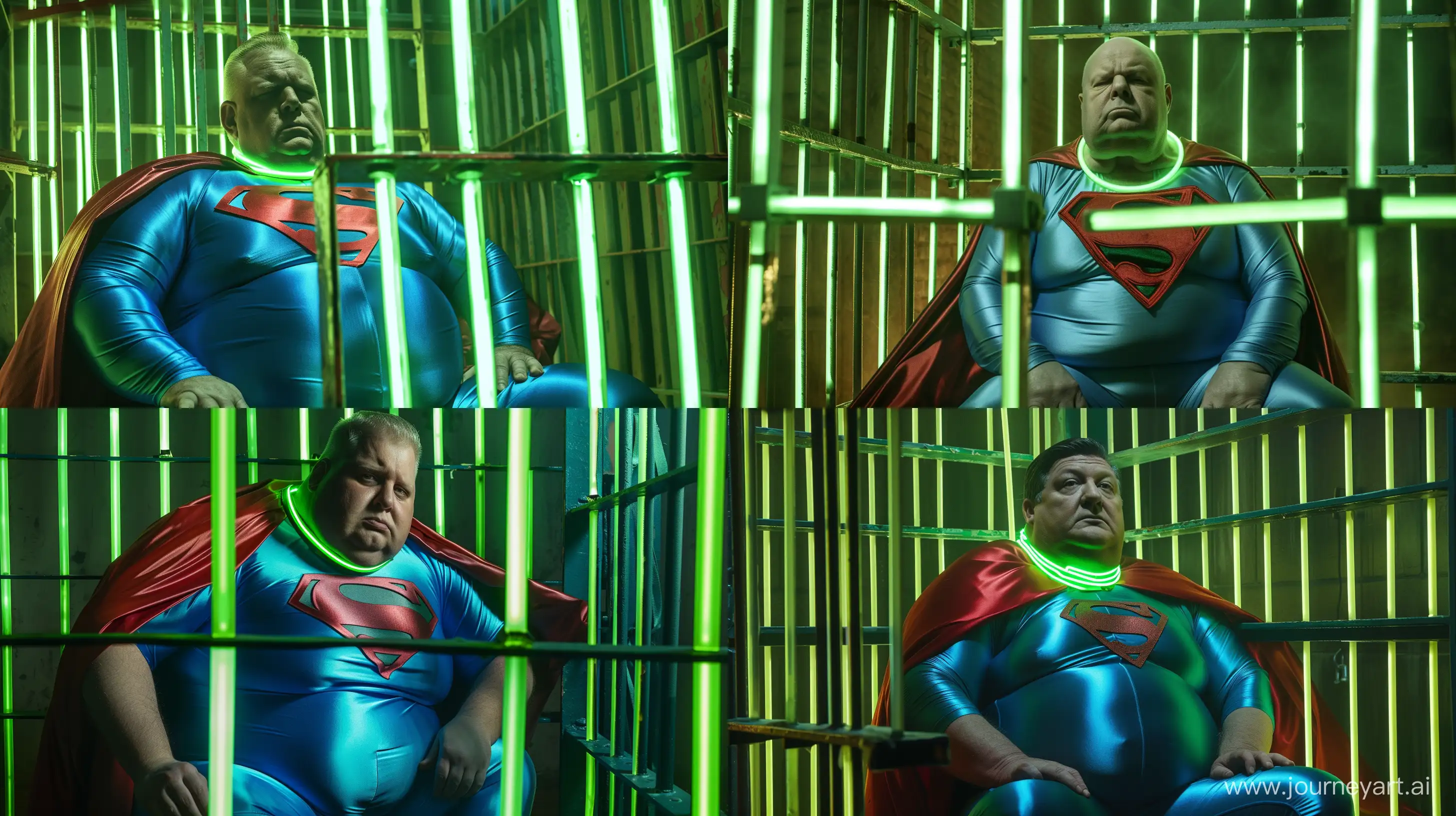 Close-up photo of a stressed out fat man aged 60 wearing a silk blue superman tight costume with a large red cape and a tight green glowing neon dog collar. Sitting inside a prison cell made of green glowing green neon bars. Natural light. --style raw --ar 16:9