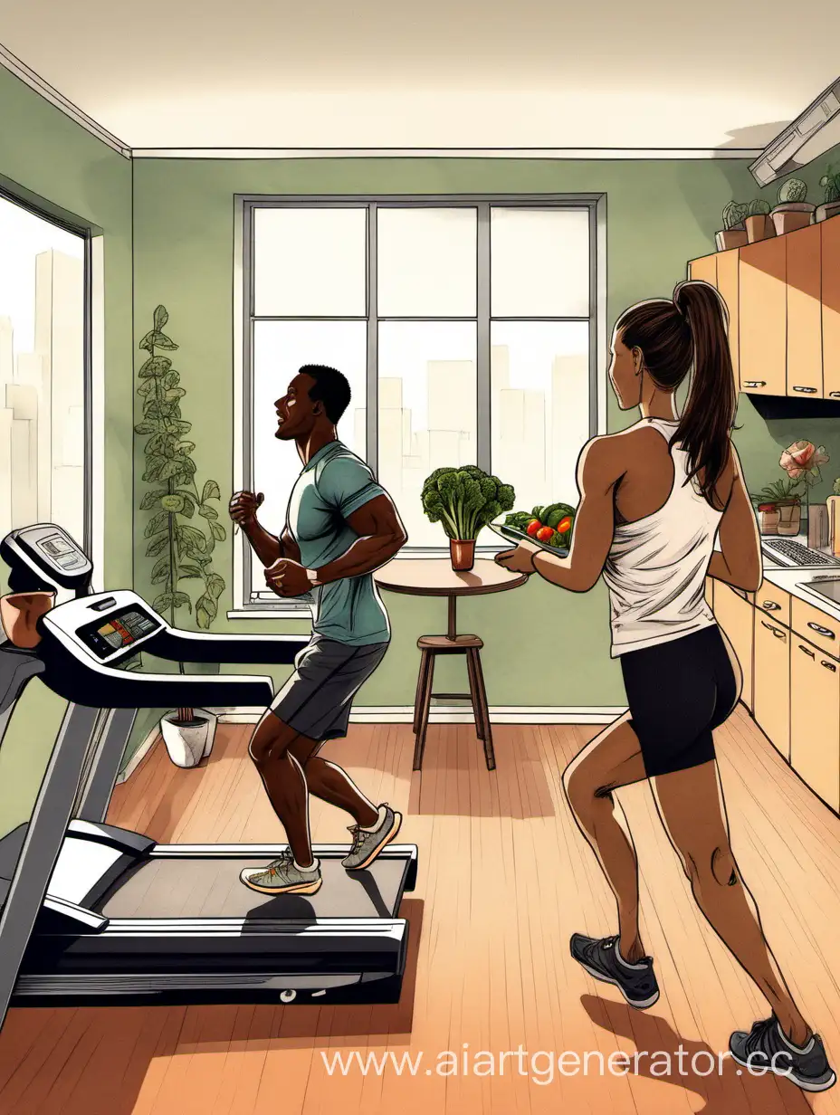 Healthy-Lifestyle-Scene-Man-Eating-Vegetables-Woman-Exercising