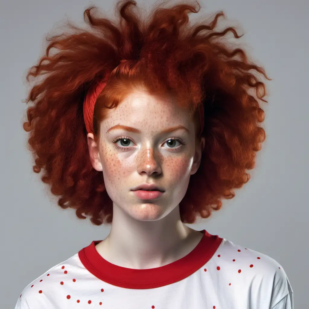 Redhead Woman with Big Afro Puff and Freckles in Layered Tshirts