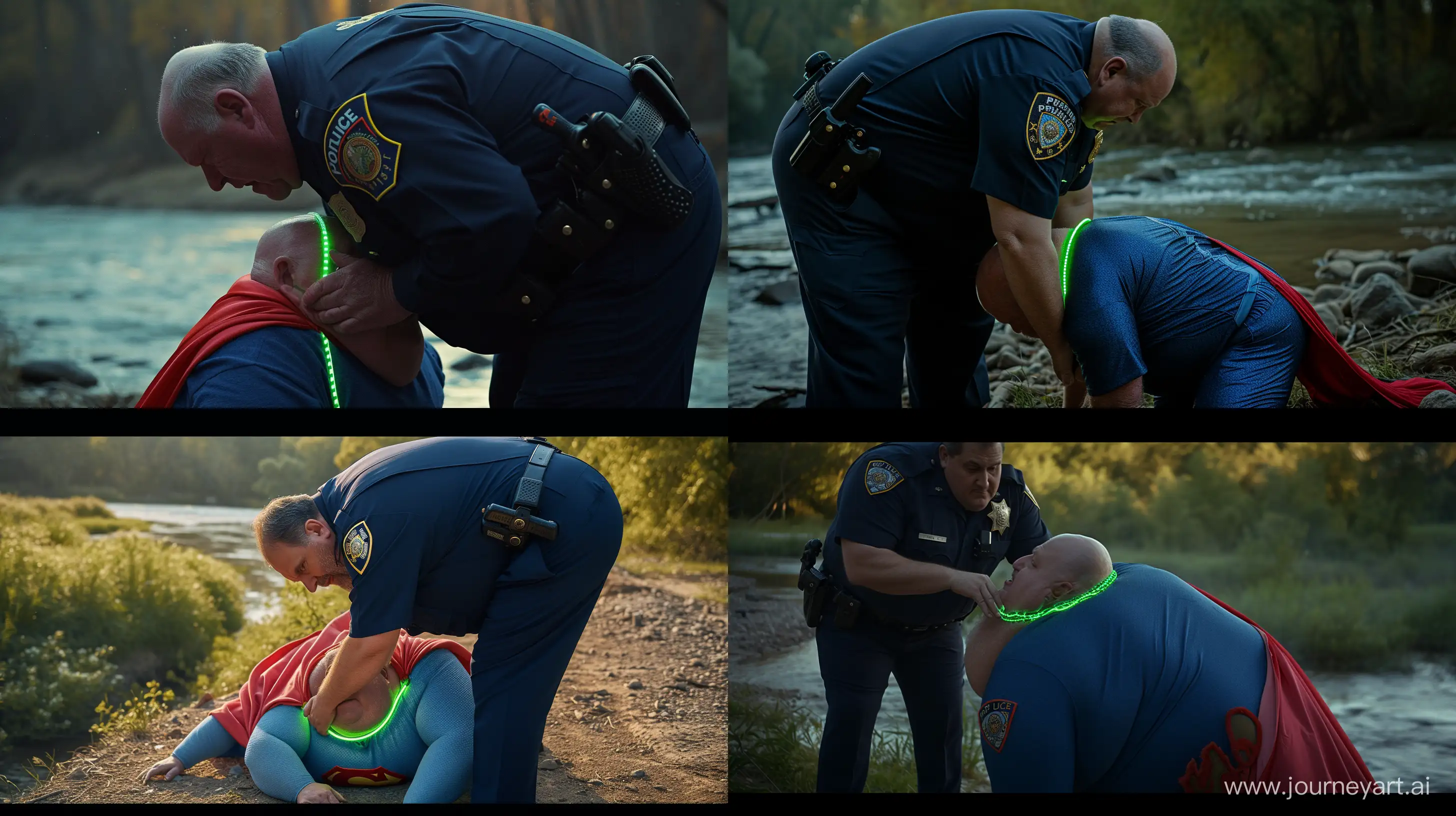 Close-up photo of a fat man aged 60 wearing a navy police uniform. Bending behind and tightening a tight green glowing neon dog collar on the nape of a fat man aged 60 wearing a tight blue 1978 smooth superman costume with a red cape crawling on all four. Natural Light. River. --style raw --ar 16:9