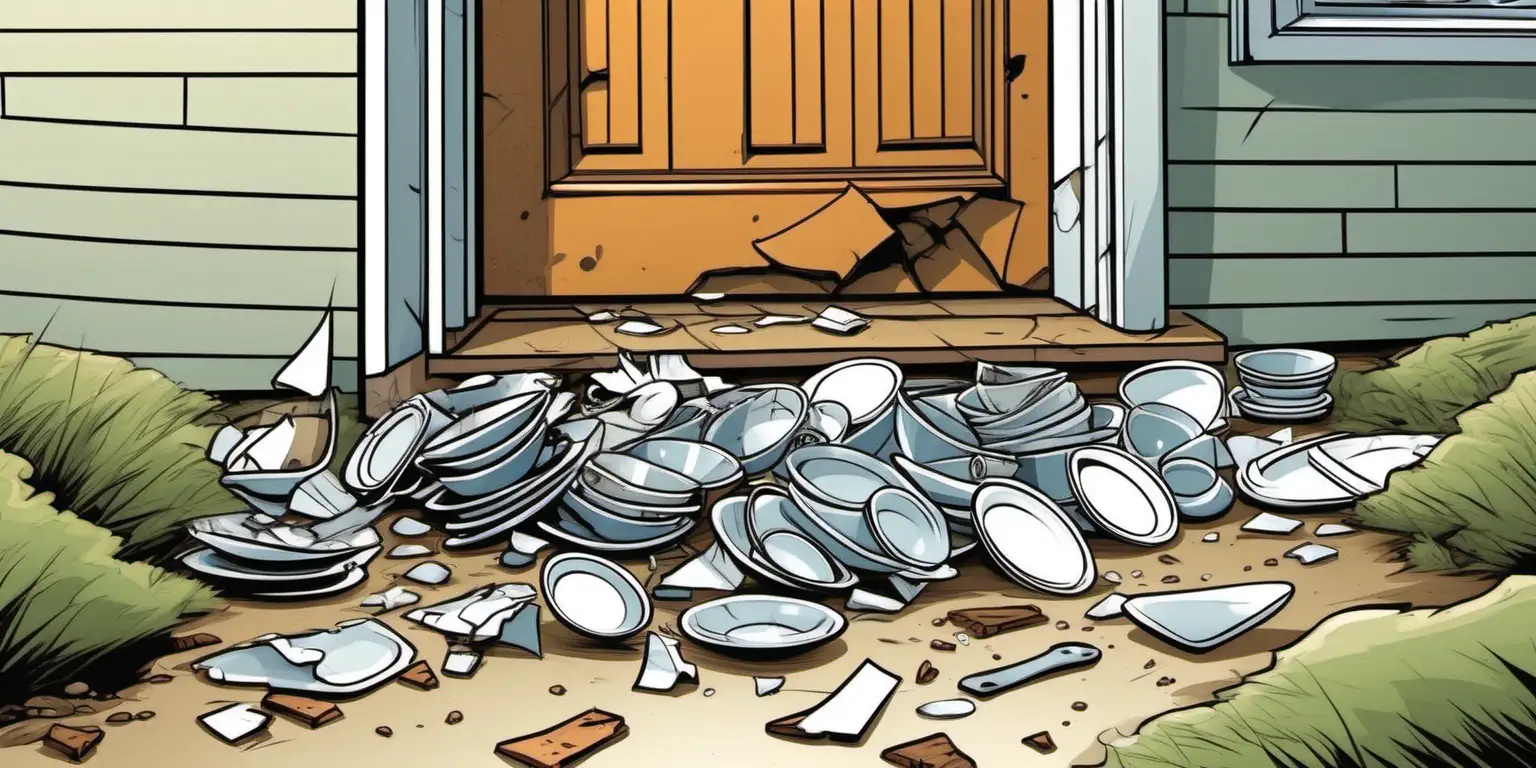 cartoon of broken dishes at on the ground near a front door of a Danish house