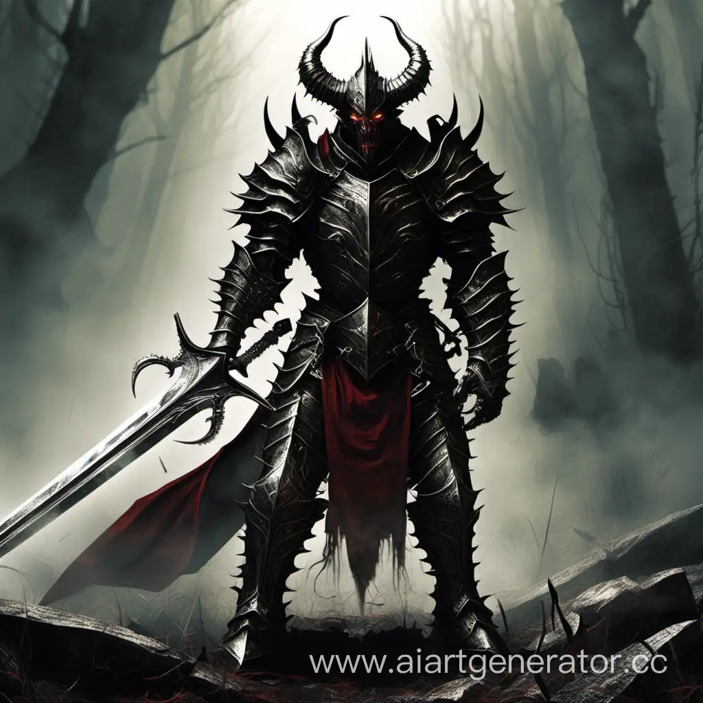 Ахерон демон рыцарь полностью покрытый доспехами. С очень огромным длинным двуручным мечом в правой руке, конец которого лежит на земле