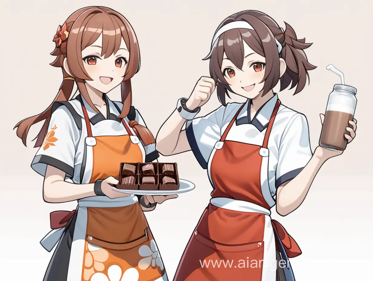 Персонанажи  из Genshin Imact Кадзуха и Сян-лин одеты в фартуки. Стоят по разные стороны друг от друга. Они улыбаються и держат в руках молочный шоколад . С зади них белый фон.  осоновные цвета это краны, оранжевый и зеленый