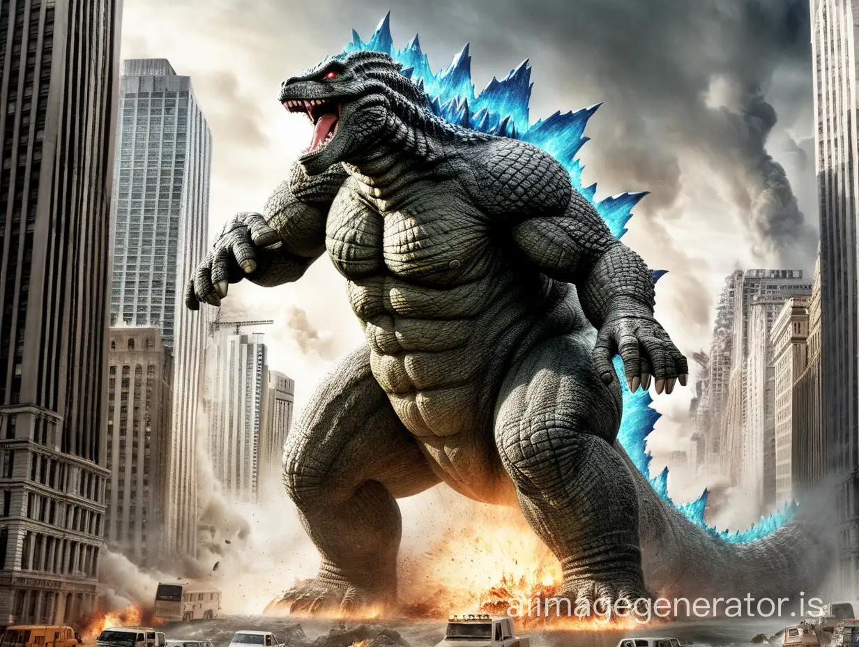 a godzilla is destroying the buildings of the city 