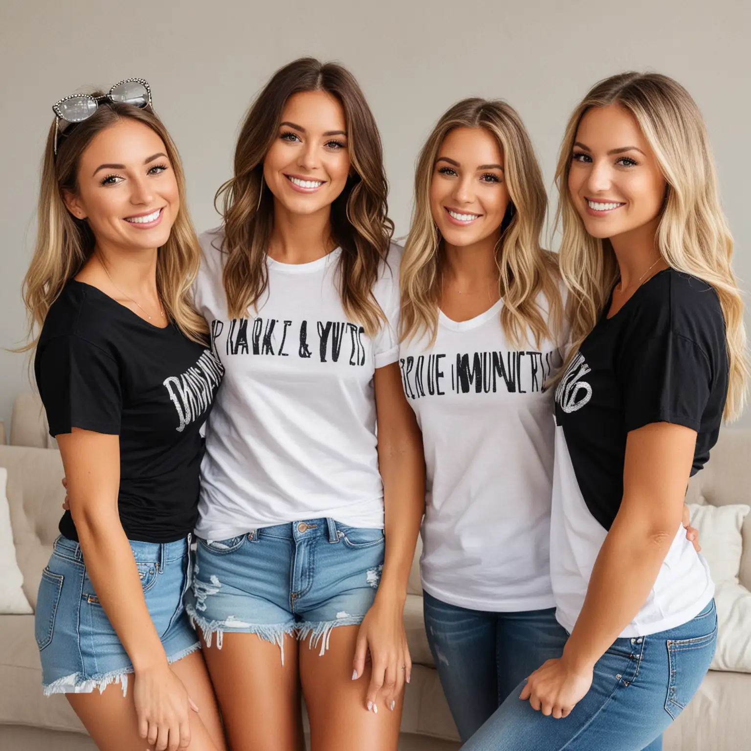 Four Women Celebrating at Bachelorette Party with Stylish Black and White Tees