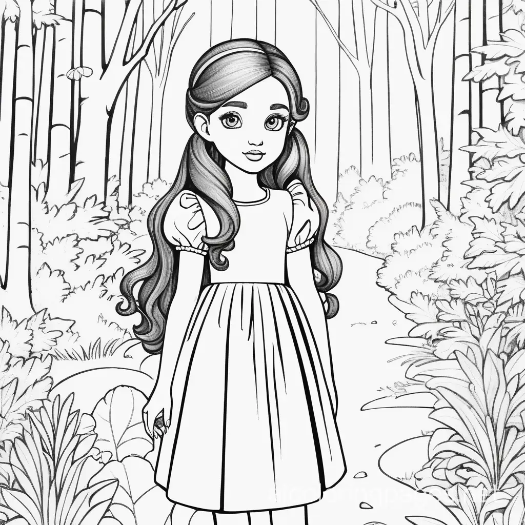 Black and white background. Image in full length. Against the backdrop of dense forest. She has long legs and she is a little chubby. The girl has big brown eyes, a cute upturned nose, and coral-colored puffy lips. A delicate pink blush is almost always visible on her cheeks. The dress is long. Christina is a natural brunette, her skin is very light, but her eyebrows are dark. Long brown locks are gathered into a high ponytail, falling on her shoulders, making my friend look like a real princess., Coloring Page, black and white, line art, white background, Simplicity, Ample White Space. The background of the coloring page is plain white to make it easy for young children to color within the lines. The outlines of all the subjects are easy to distinguish, making it simple for kids to color without too much difficulty
