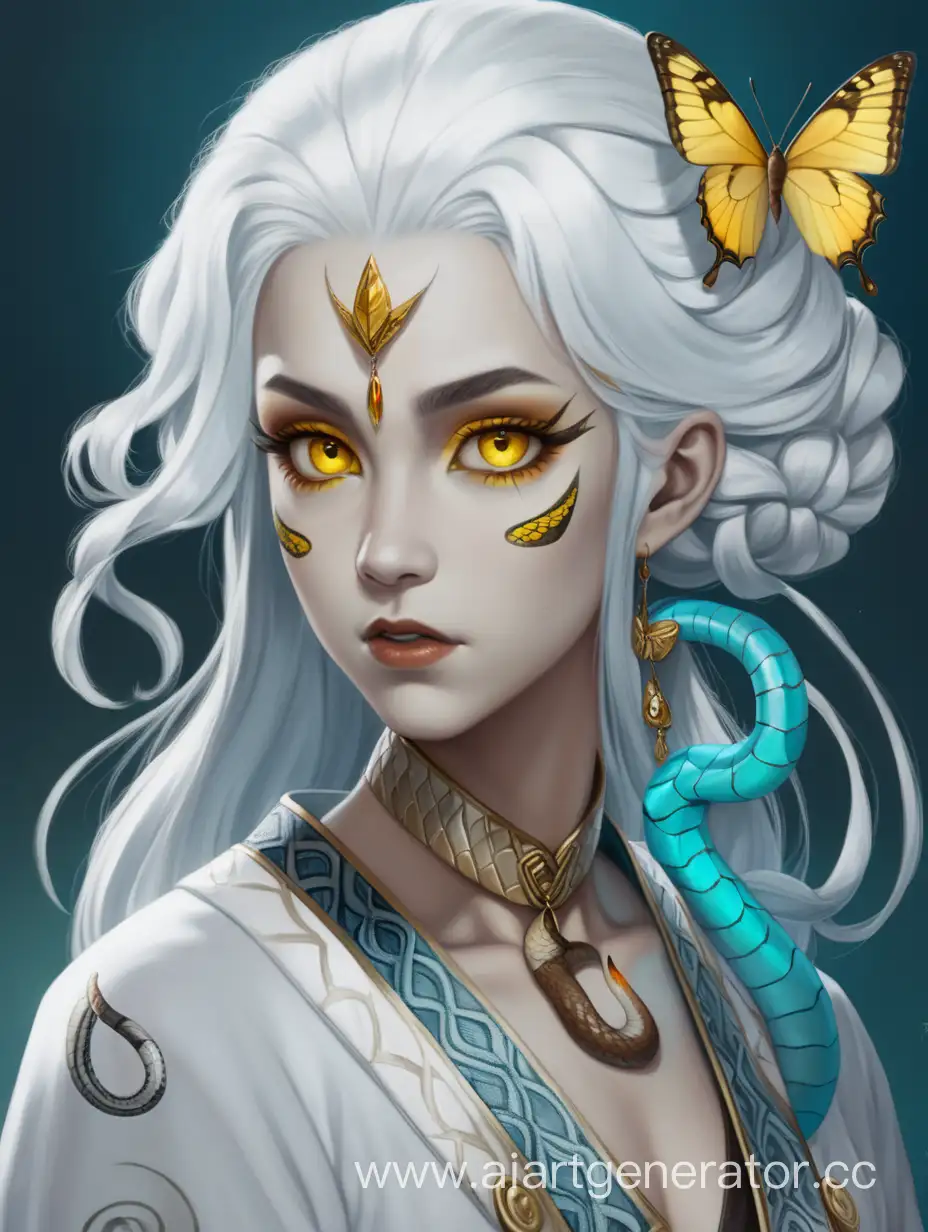 Женщина с белыми волосами и светлой кожей. Желтые глаза со змеиными зрачками. Одета в белое сараси. В волосах заколка в виде голубой бабочки.