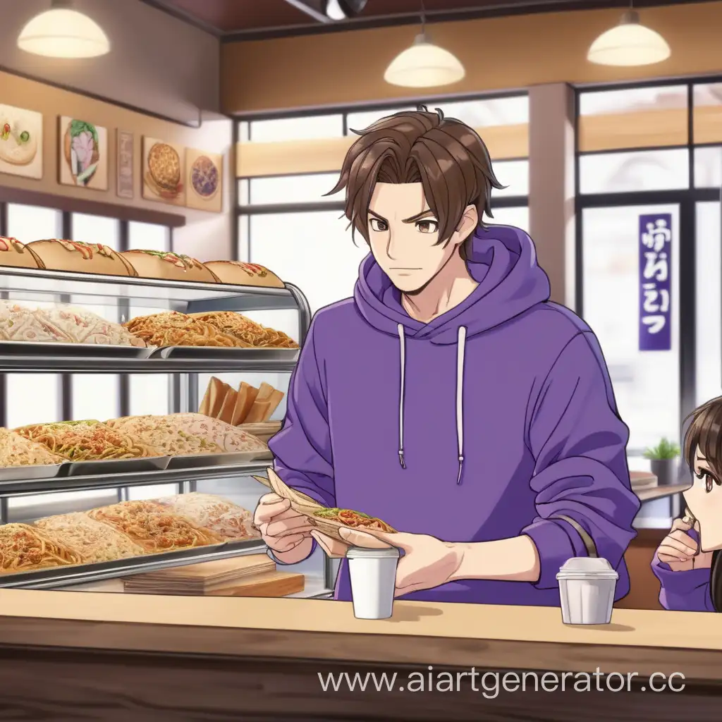 Brunette-Man-in-Purple-Sweatshirt-Buying-Shawarma-for-Anime-Night