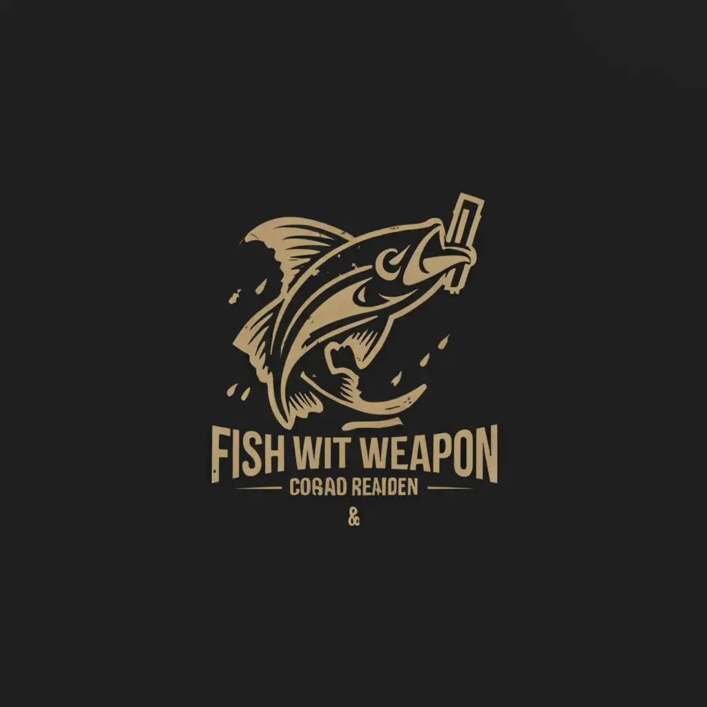 a logo design,with the text "Fish with weapon", main symbol:Tattered Weather Background. Simple outline of mean fish in action pose,Minimalistic,be used in Entertainment industry,clear background