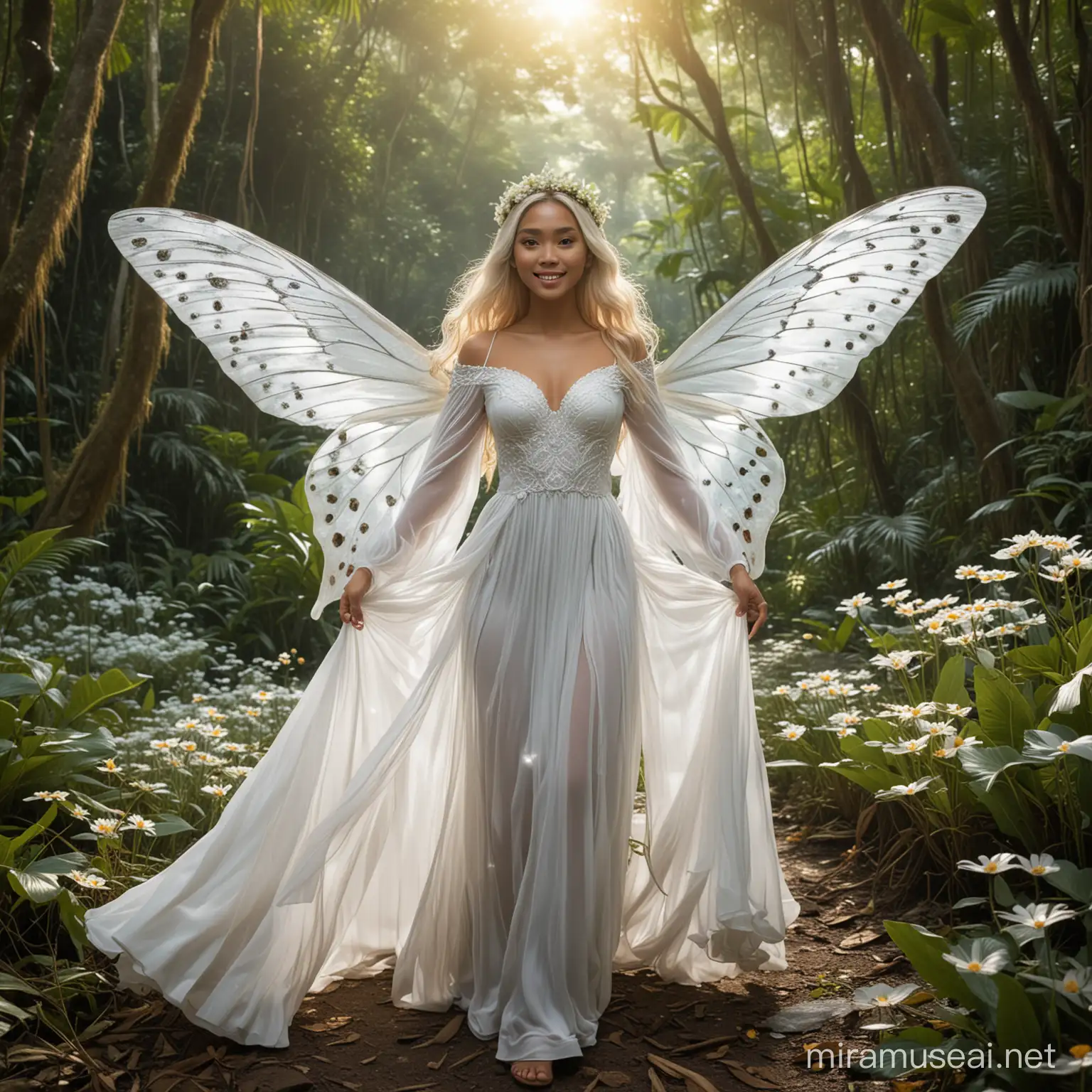 A beautiful and glowing filipino nymph with light-colored hair and mestiza features, wearing a long-sleeved flowing white gown and a crown of flowers, she has large butterfly wings and carries a magic wand with a glowing tip, she is floating above a group of hikers in the middle of a tropical jungle.