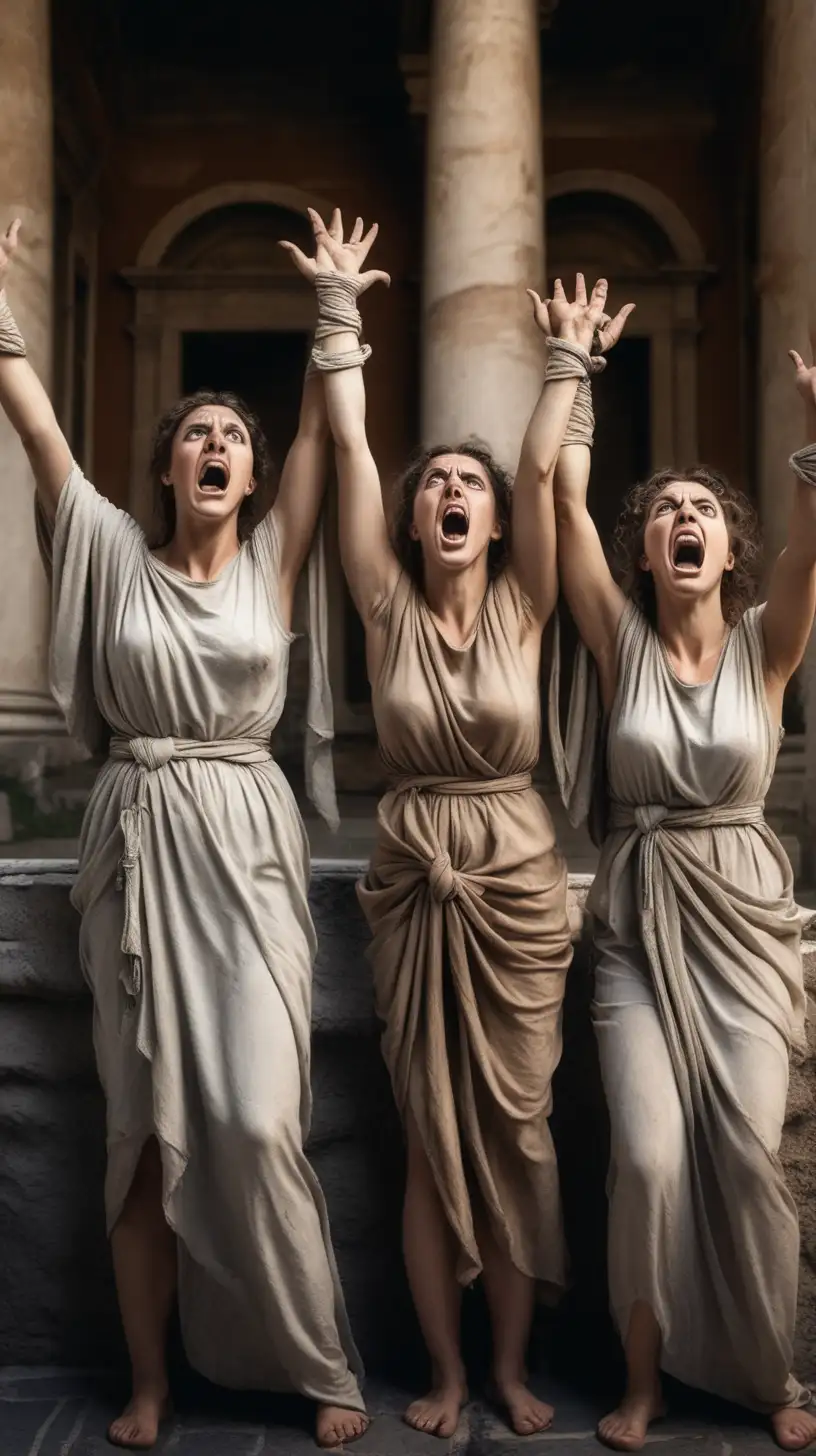3 women with tied hands in ancient Rome and they are screaming

