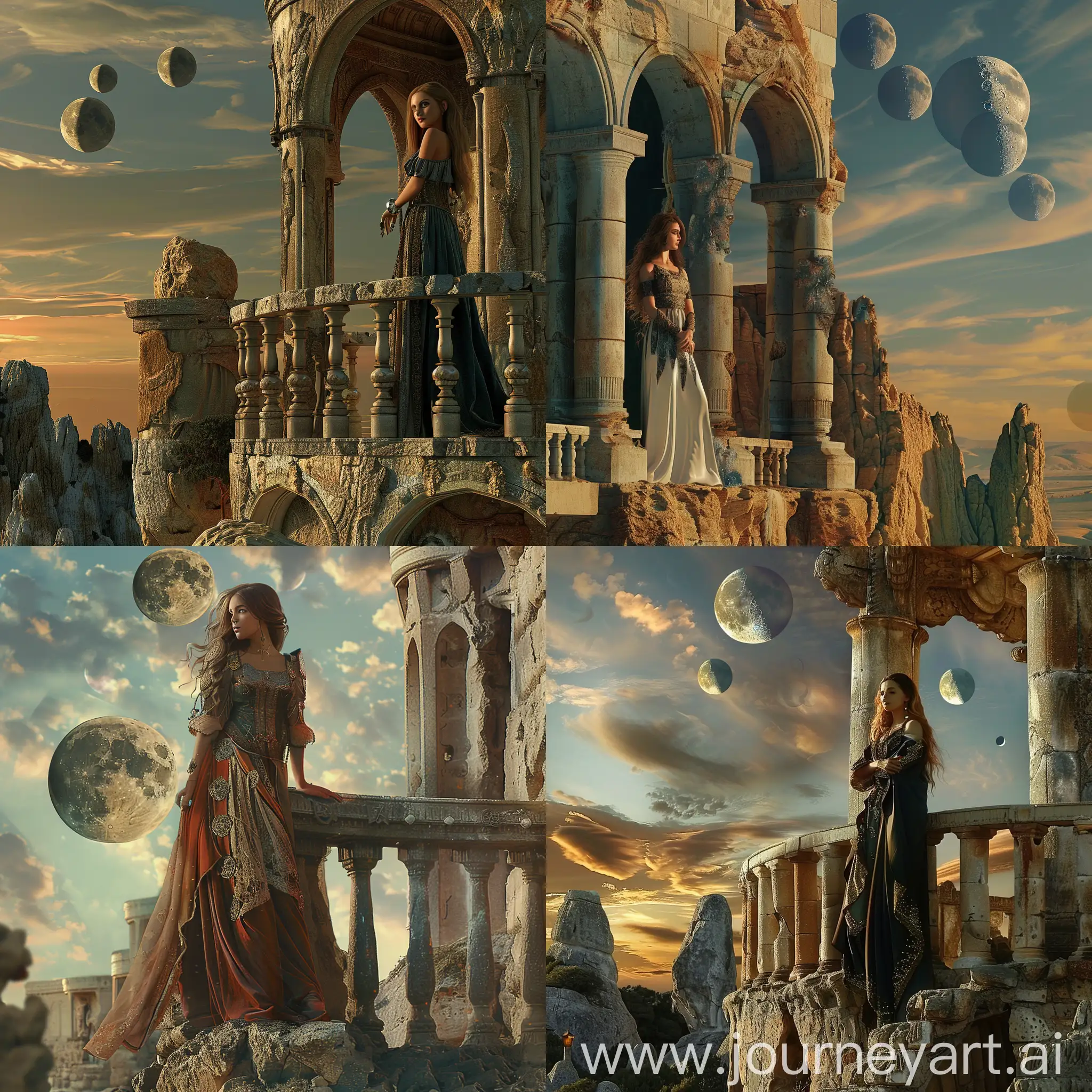 A beautiful medieval sci fi woman standing on a balcony of a ancient stone castle . In the background are three moons in the sky.