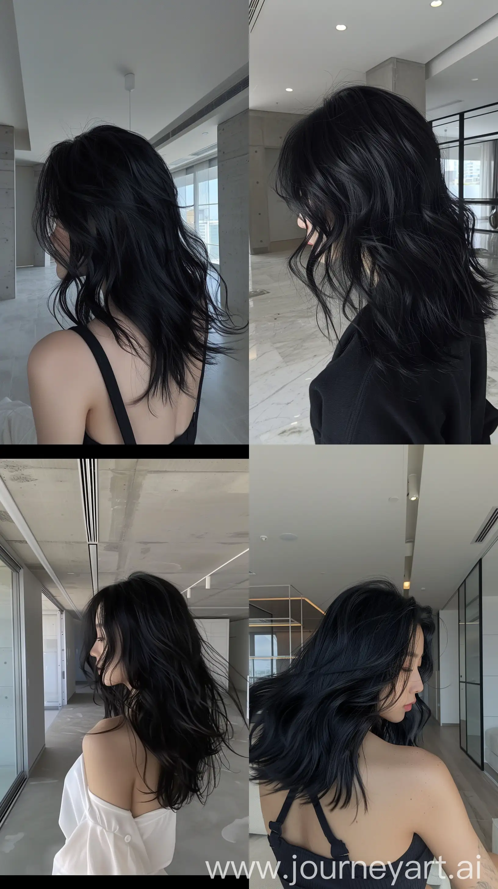 detailed aestethic selfie, blackpink's jennie, medium black hair,  wavy, inside empty modern apartment , back body, hiding face --ar 9:16