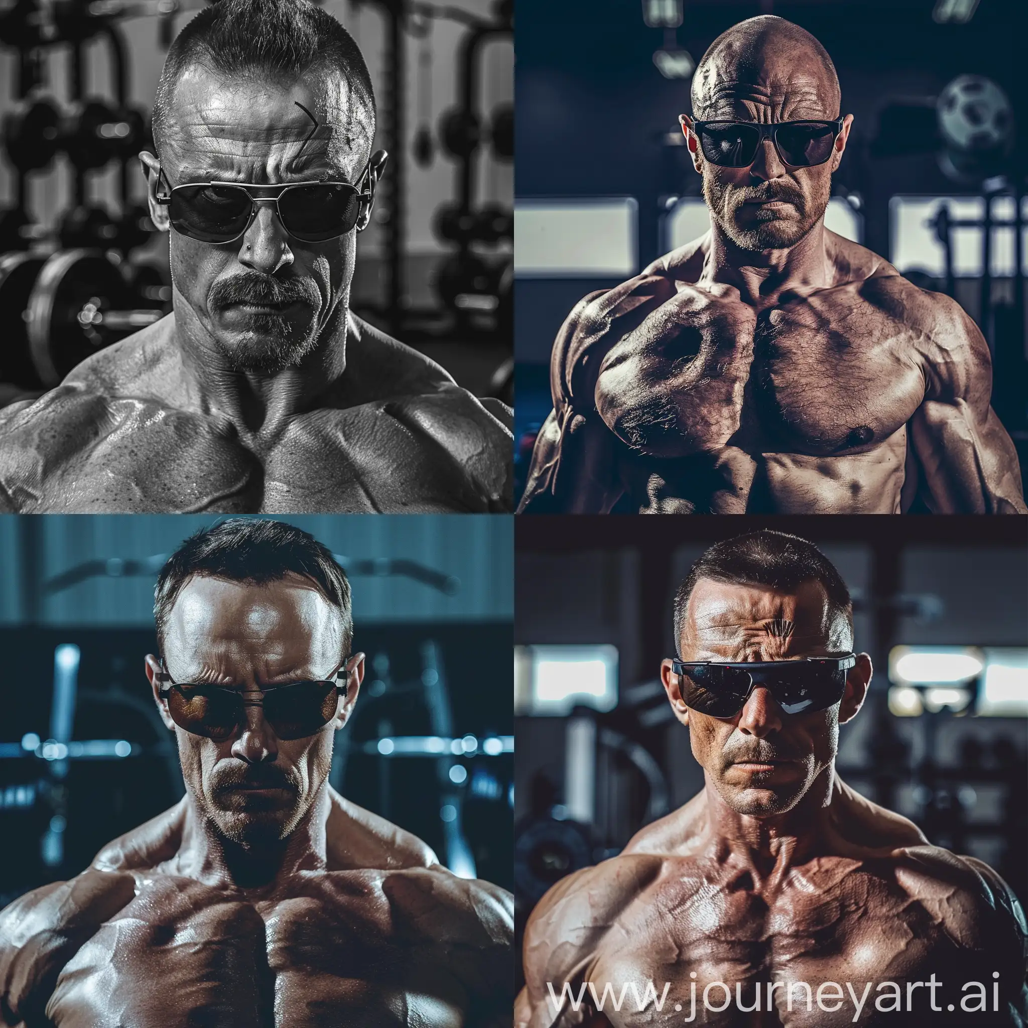 pumped-up strong fit Walter White in sunglasses with raised eyebrow with sharp cheekbones and pumped-up abs in the gym