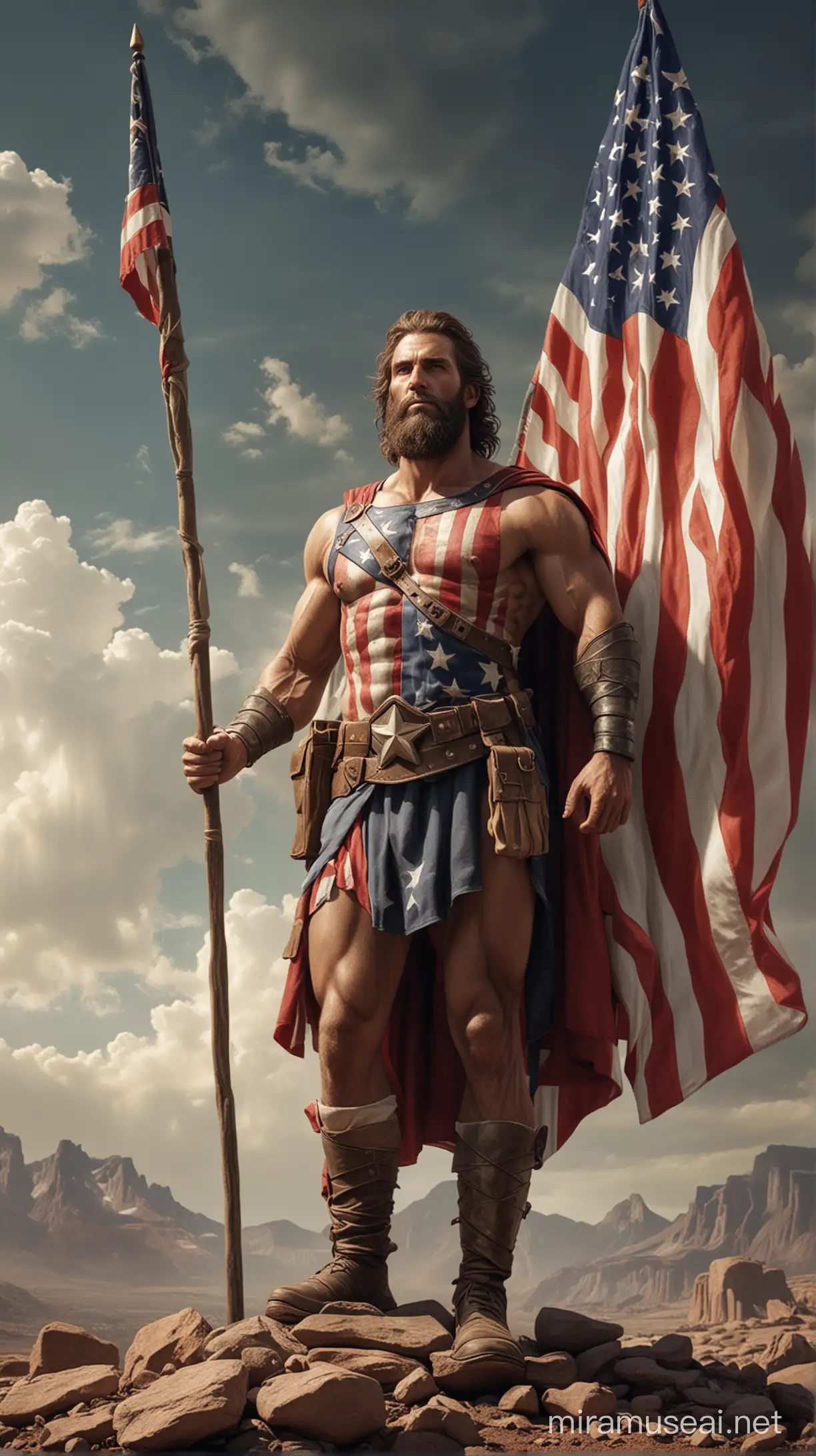 American God Hero Proudly Holding Flag