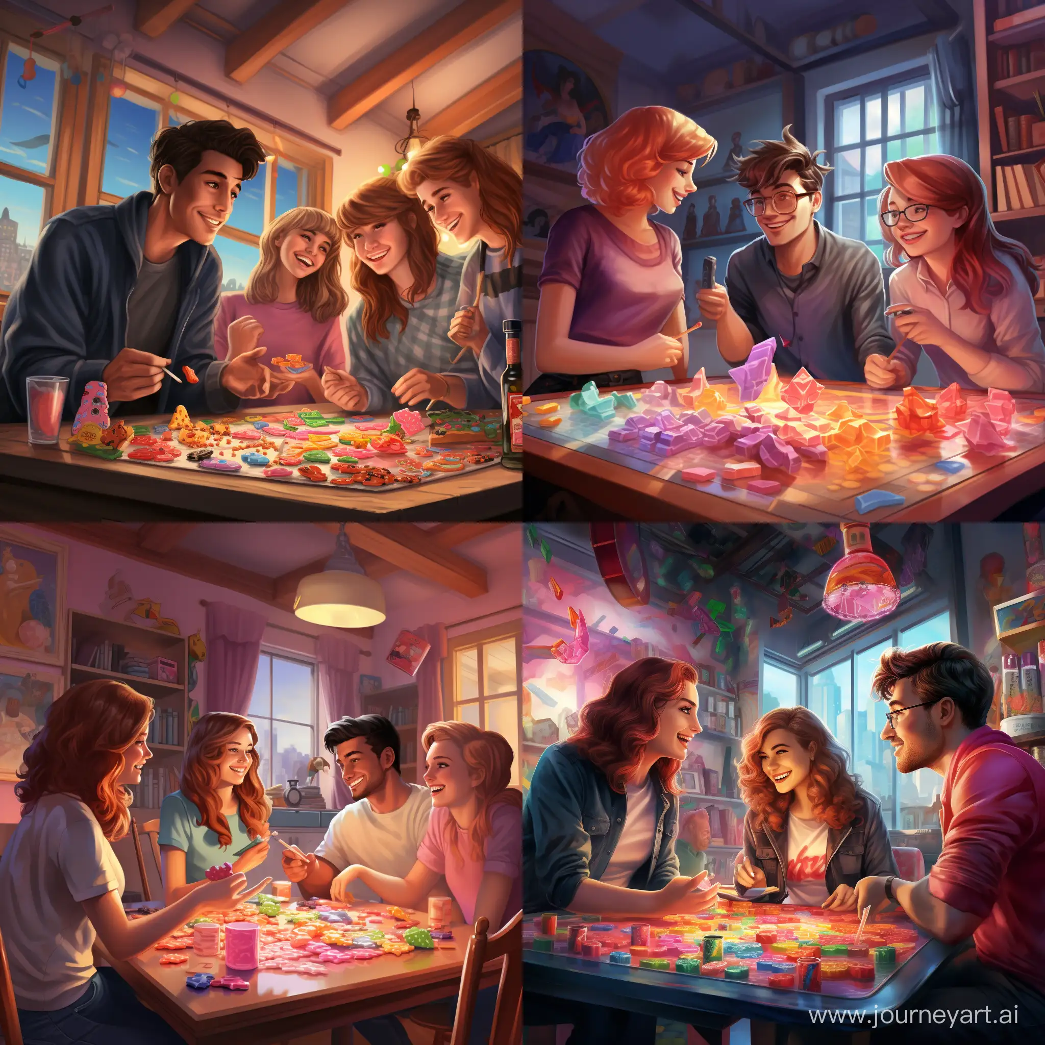 4 persons playing board games and eating gummies, scandy style interior in background