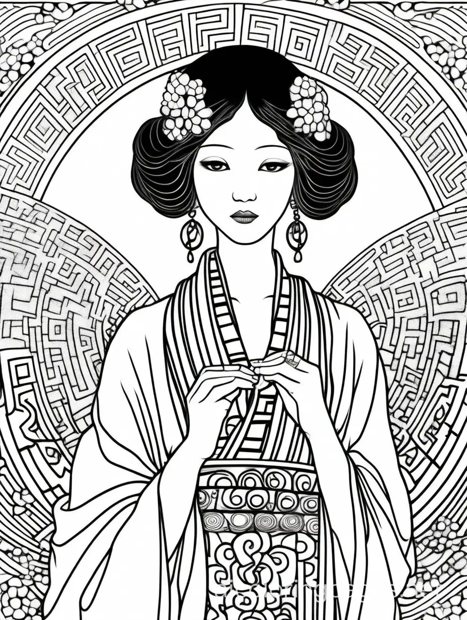 Klimt, beautiful Japanese woman, Art Deco, Coloring Page, black and white, line art, white background, Simplicity, Ample White Space. The background of the coloring page is plain white to make it easy for young children to color within the lines. The outlines of all the subjects are easy to distinguish, making it simple for kids to color without too much difficulty