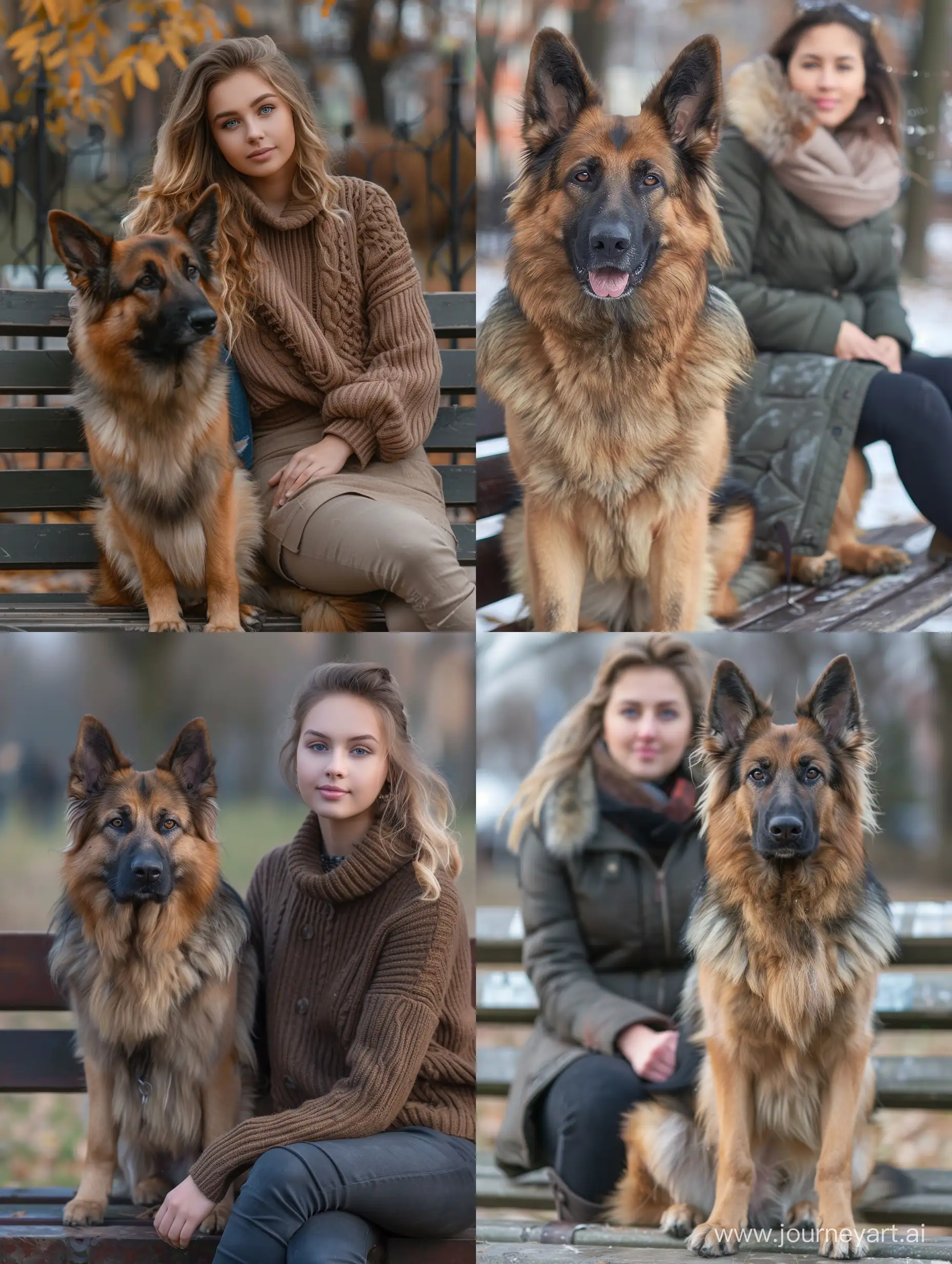 Young wife sitting on a bench face clearly visible looking at the camera natural photo realistic dog German Shepherd sits next to her. 