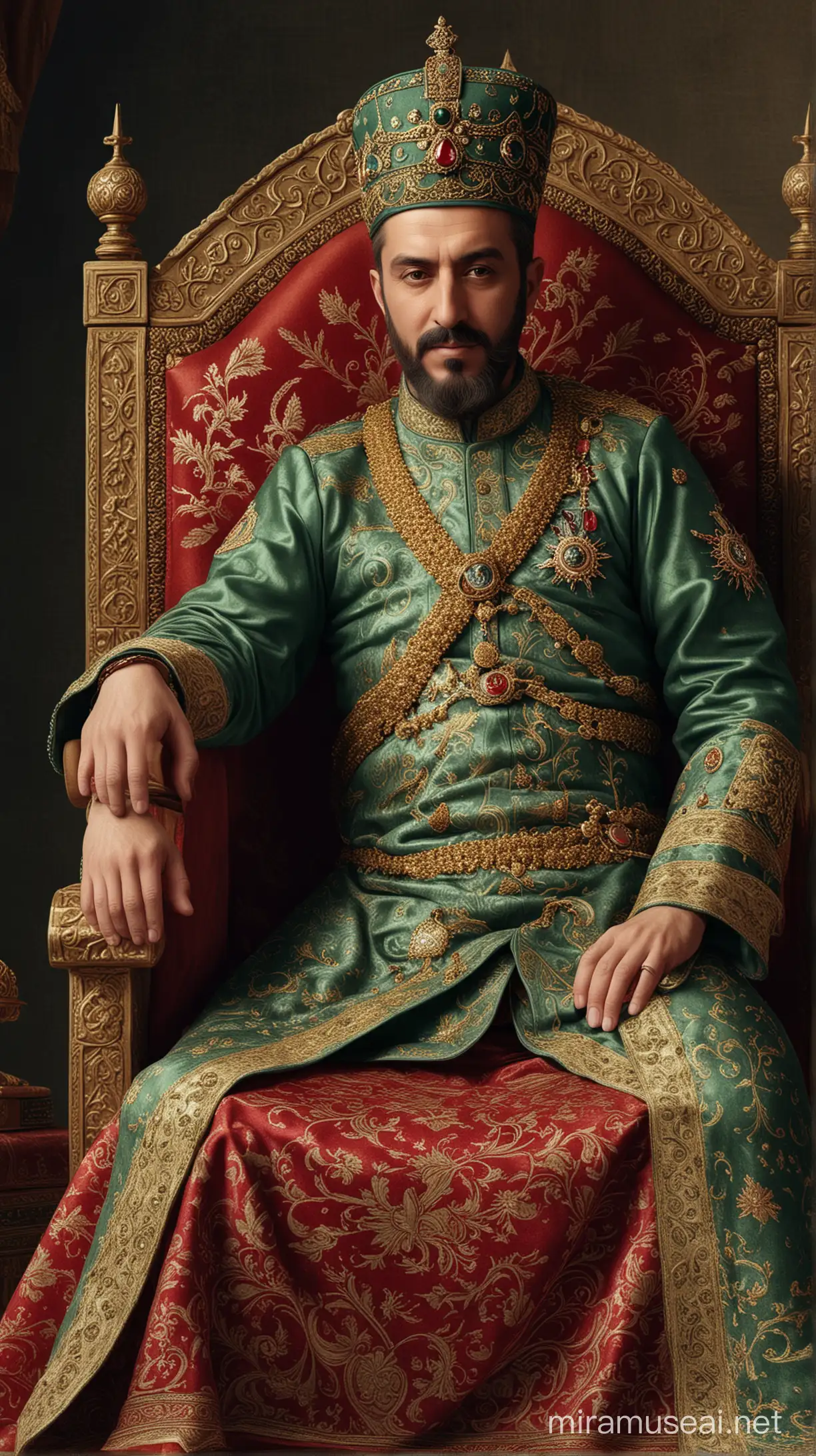 Generate an image of the Ottoman  Sultan Mehmed IV sitting in his throne.