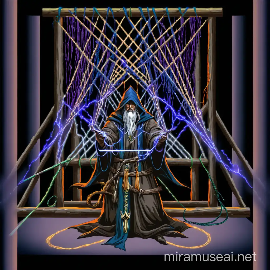 the threads of this magical loom are made of magical energy and the hooded sorcerer makes it play using his magic staff