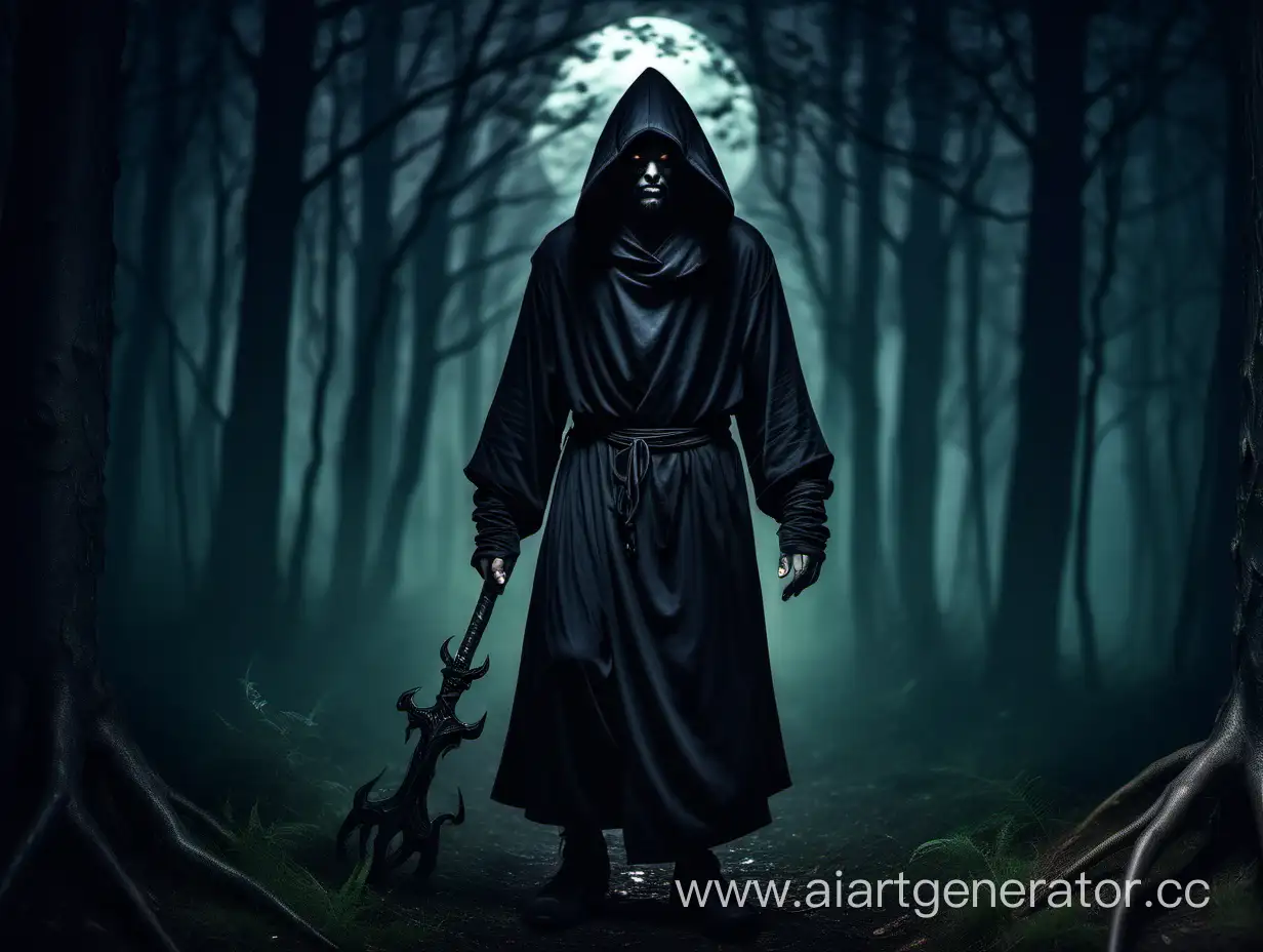 Тёмный монах в капюшоне, ночь лес демоны