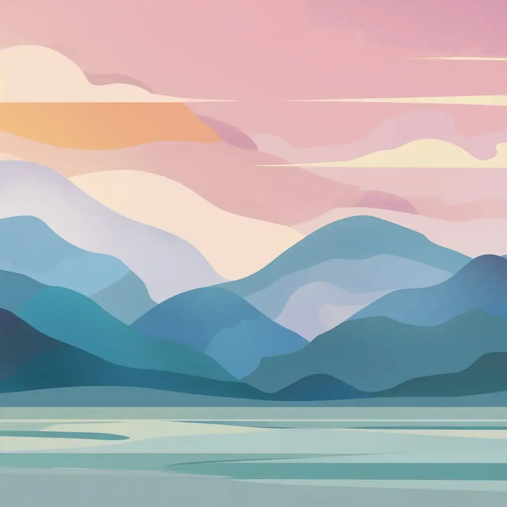A minimalist depiction of a serene mountain landscape at dawn, using soft pastel colors.
