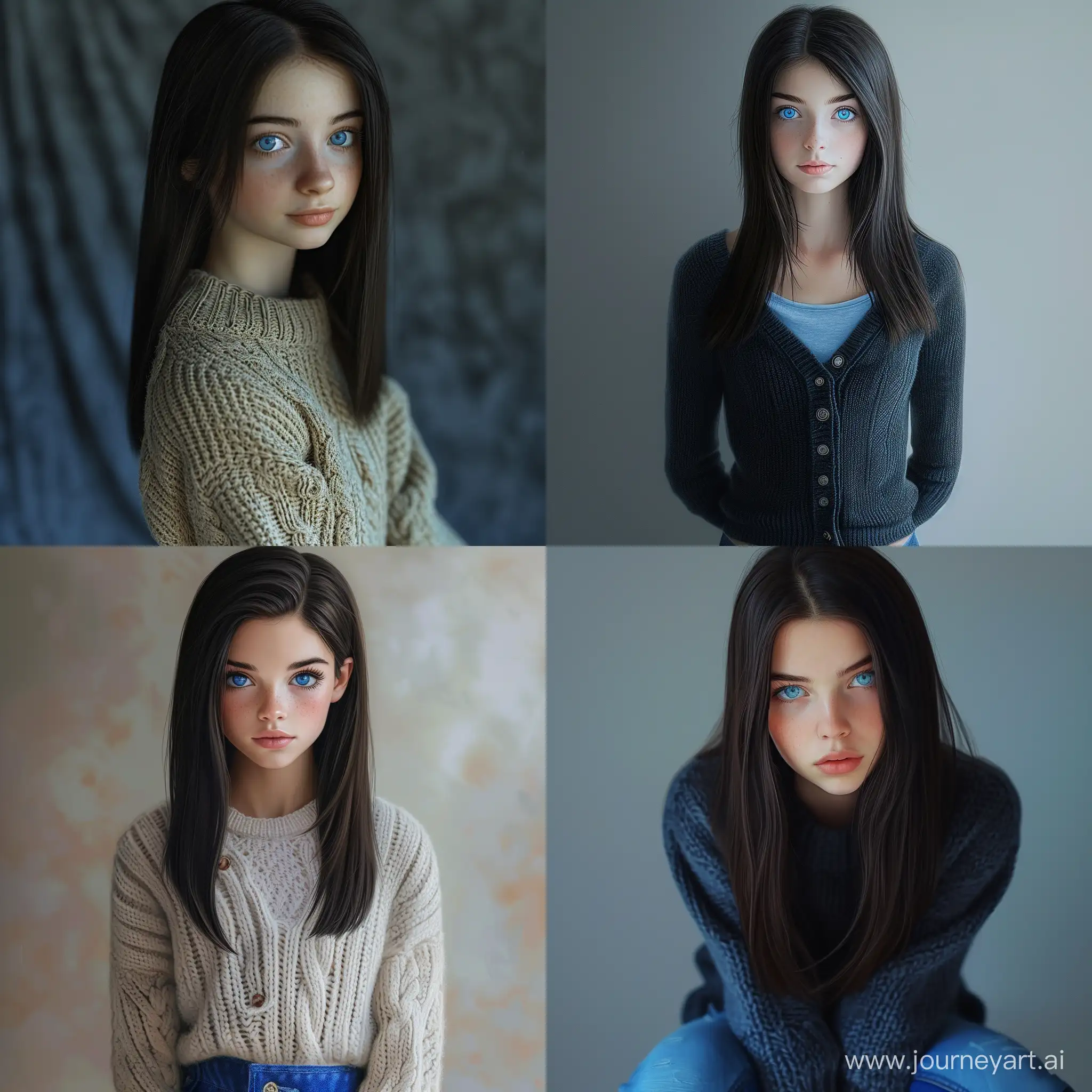 Beautiful girl, straight dark hair, blue eyes, light pale skin, thin upturned nose, oval face, condescending, teenager, 15 years old, knitted cardigan, blue jeans, high quality, high detail, realistic art