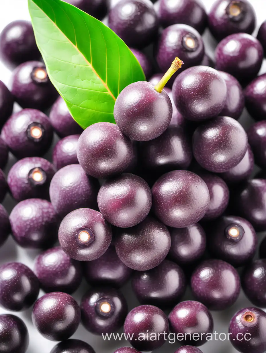 big close up Acai FRUIT WITH GREEN LEAF ON white background