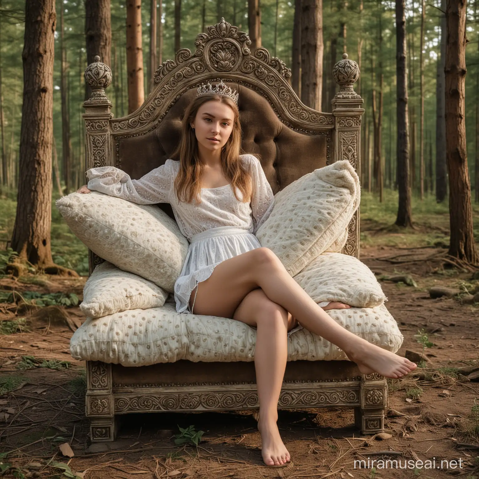 20-year old Polish princess with her feet up on a pillow and soles facing the camera, sitting on a throne amidst a forest.