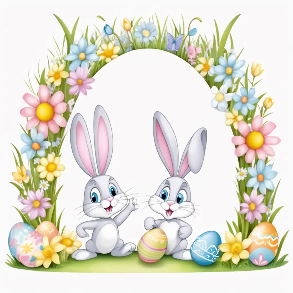 HAPPY EASTER,  ARCHED LETTERS, EASTER BUNNY,  CARTOON,PASTEL, SPRING FLOWERS,white BACKGROUND