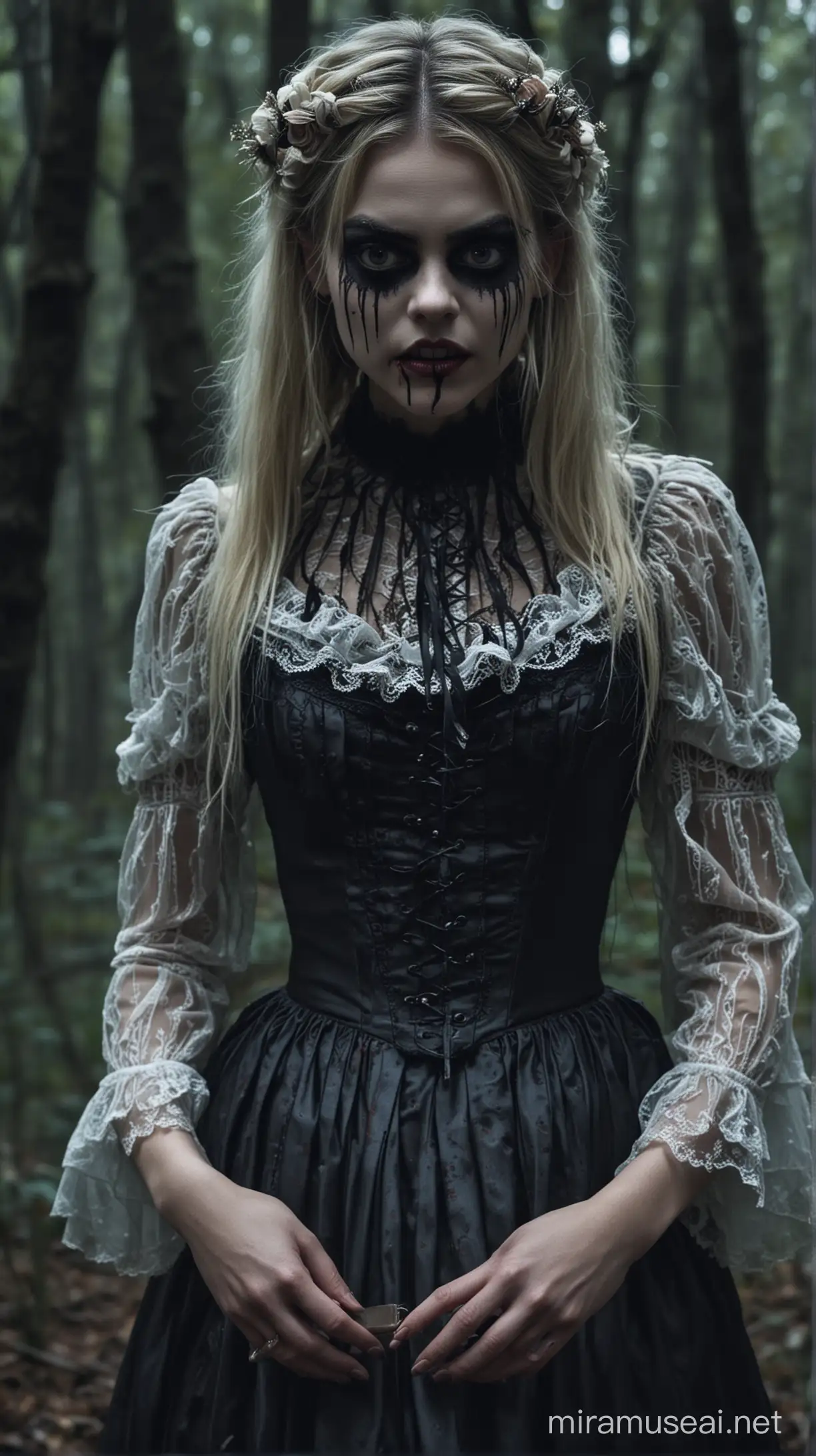 a close up of a girl kids in a dress standing in the dark forest, with makeup and makeup on in a forest, scary look, with black sclera eyes, black eyes and sclera, black sclera eyes, white color face, blood arround the mouth, samara weaving vampire, anya taylor - joy vampire queen, face looking front, scary face, spooky, creepy face, slit mouthed, with victorian clothing, a scary victorian woman, wearing victorian clothes, victorian clothing, victorian lady, victorian gothic, 1850s clothing, victorian goth, 1850s era clothing, victorian era, victorian style costume, wearing a gothic dress, 1850s era clothes, night time in the forest,