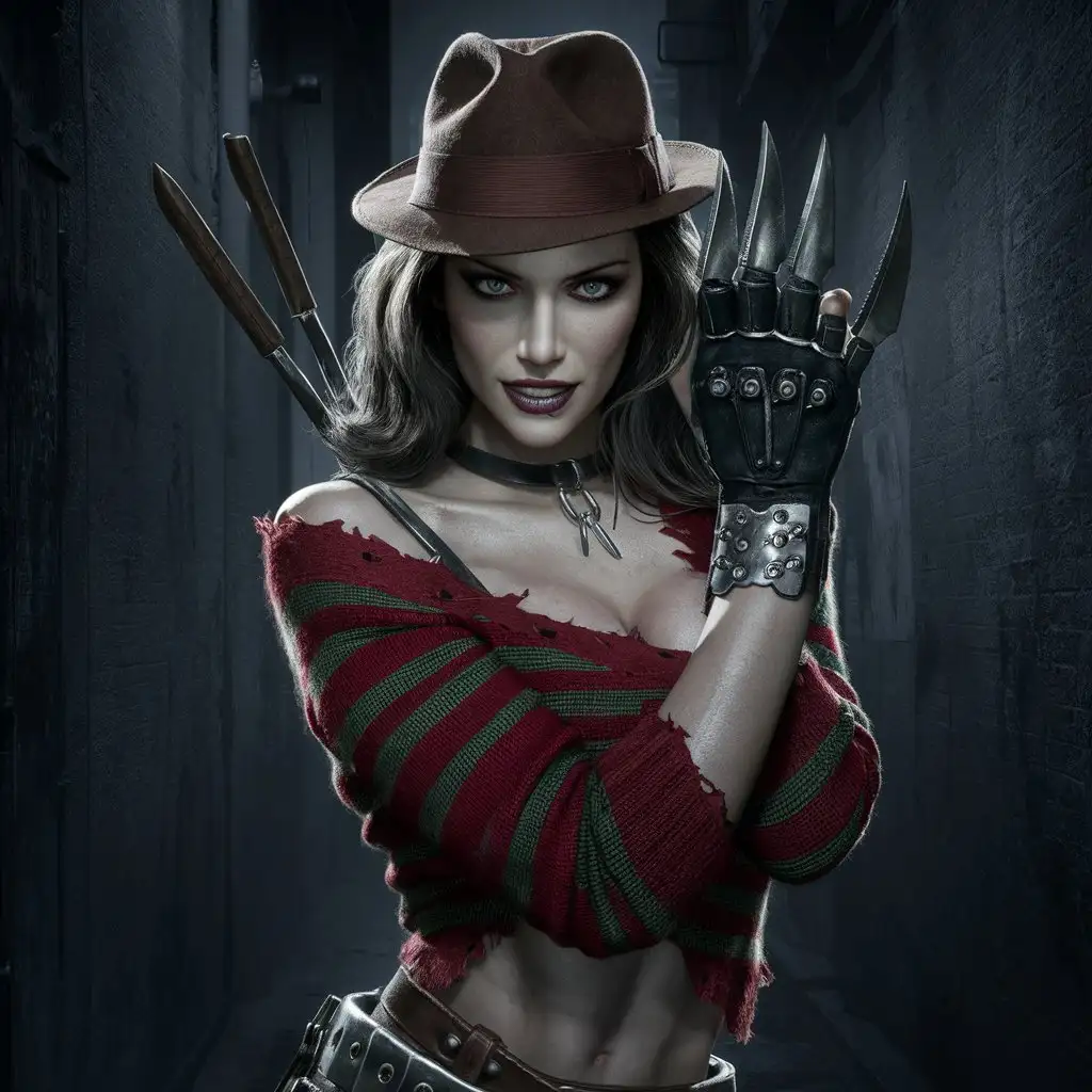 A beautiful sexy woman with beautiful eyes and a torn dirty red-and-green-striped sweater and brown fedora, and trademark metal-clawed, withh long knives  brown leather, right hand glove i a scary alley