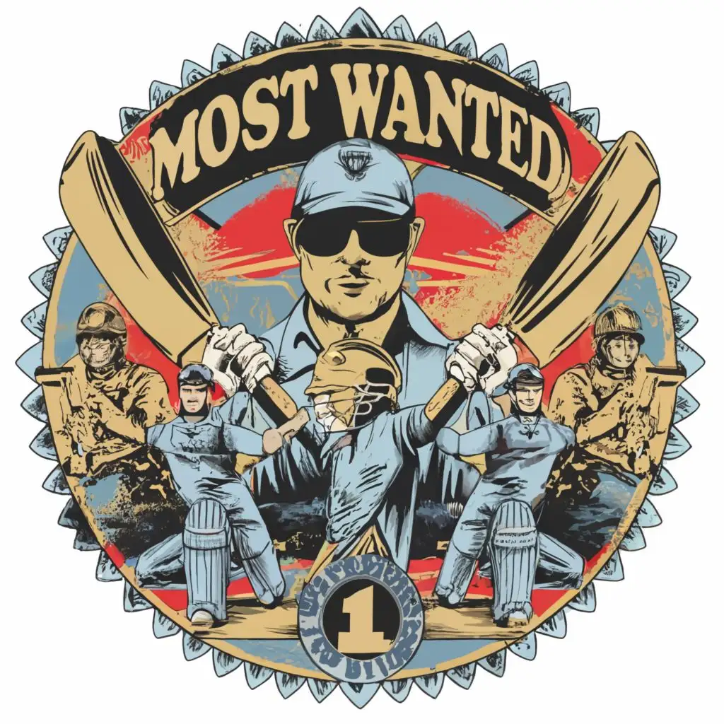 logo, POLICE PLAYING CRICKET, with the text "MOST WANTED", typography.